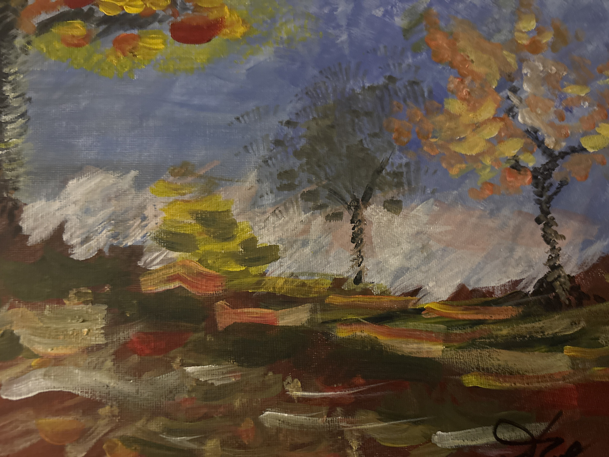 The image is an impressionistic painting of an autumnal landscape. Dominating the scene are trees with foliage ranging in color from yellow and orange to brown, indicating a change in seasons. Some trees appear bare or nearly so. The sky is a mix of blue and cloudy white patches, suggesting a dynamic weather pattern. The foreground depicts the ground, rendered with broad brushstrokes of red, brown, and white, possibly representing fallen leaves and shadows. No people are depicted. The painting style is loose and gestural, prioritizing color and form over precise detail. It's impossible to verify the location of the painting using the image itself.