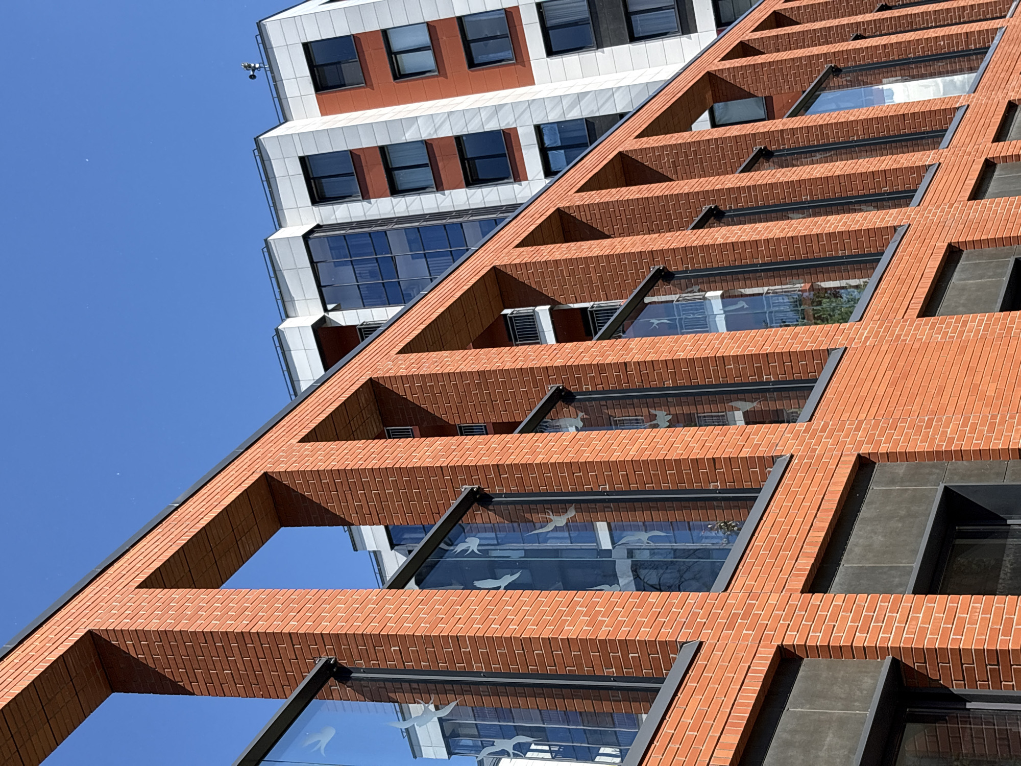 A low-angle shot focuses on the facade of a modern building constructed with red brick. The building features a repetitive pattern of vertical brick columns creating open rectangular voids, with horizontal brick beams spanning across the top. Partially visible behind this brick structure is another building with a white facade punctuated by bands of dark windows and red accent panels. The sky is clear and bright blue. The foreground brick structure has glass panels with etched bird silhouettes along its length, serving as a railing for balconies or walkways. The scene suggests an urban setting, likely a residential or mixed-use complex in Saint Petersburg, Russia, given the architectural style and clear sky. No people are visible in the image.