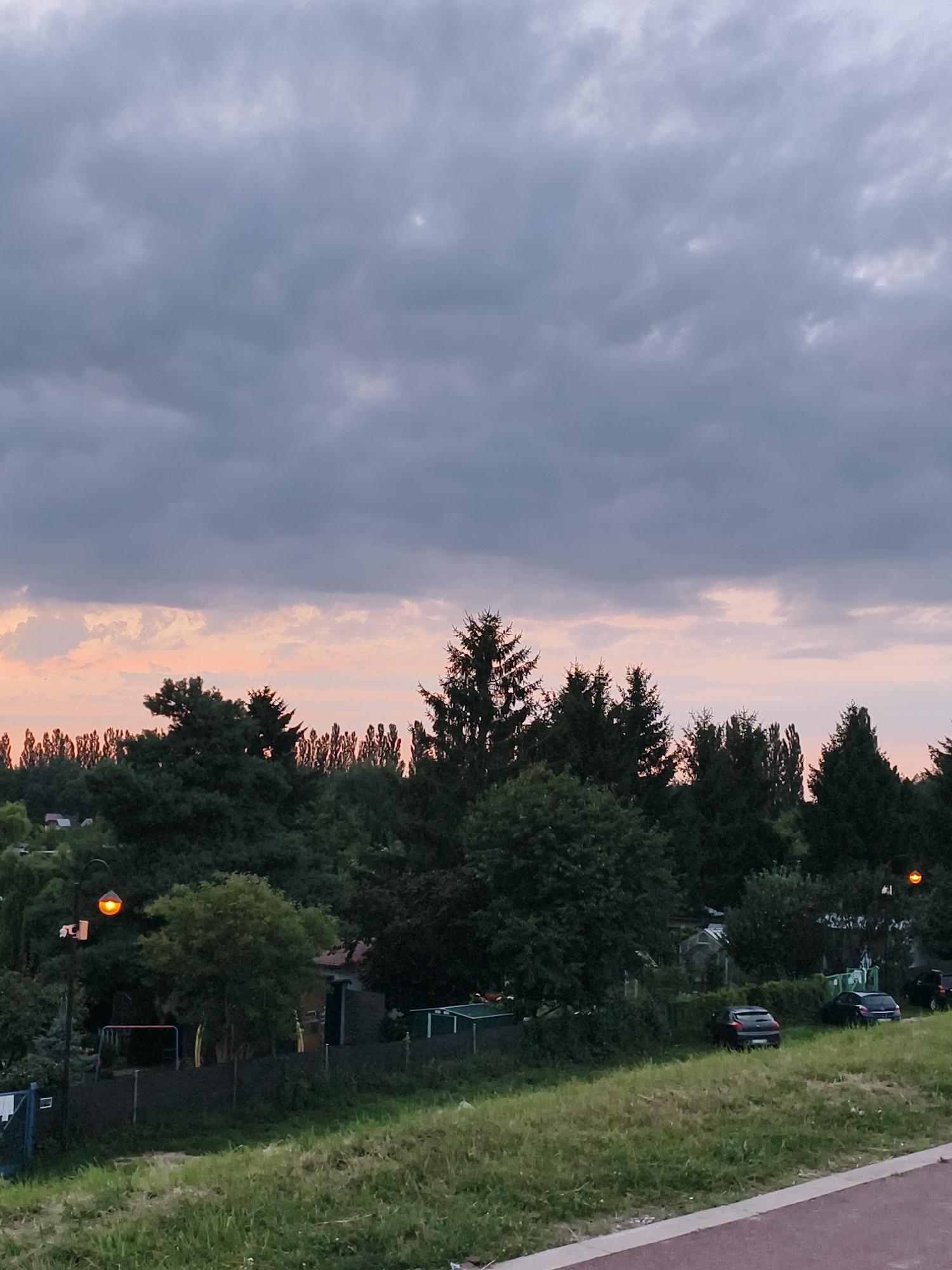 The image depicts a natural landscape with a dusky sky. In the foreground, a grassy embankment slopes upwards. Beyond the embankment, a line of trees forms a dense forest. Behind the trees, a few houses and parked cars are visible. The sky is filled with dark, heavy clouds, with a hint of pink and orange at the horizon, suggesting either sunrise or sunset. A single lamppost with an orange glow stands to the left of the frame. The overall scene suggests a peaceful, rural setting on the outskirts of Tczew, Poland, likely during the evening.