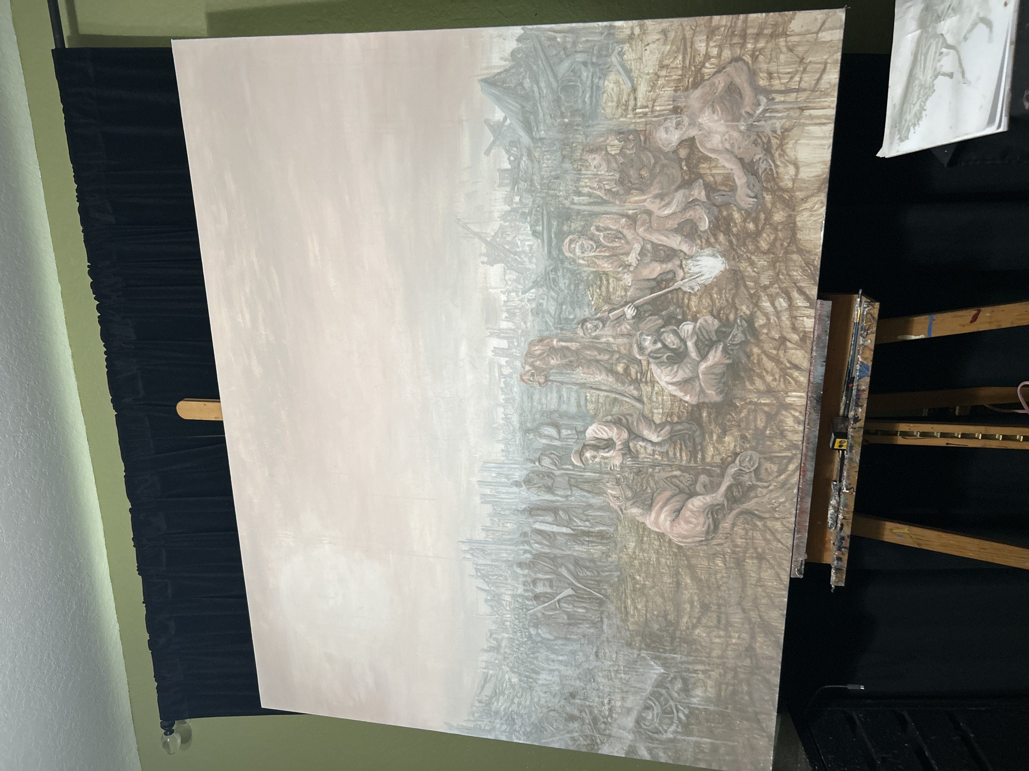 A large oil painting on canvas is displayed on an easel. The painting depicts a scene of human figures, possibly peasants, set against a backdrop of indistinct structures, perhaps suggestive of a village or city. The figures are rendered in muted, earthy tones, with a focus on anatomical detail. They appear to be engaged in various activities, possibly working the land. The overall style of the painting evokes a sense of historical realism.
The painting is supported by a wooden easel. A black curtain is draped behind the painting and easel, providing contrast. The wall behind the curtain is painted in a light green color. A piece of paper with a sketch is hung behind the right side of the painting.
The location is not discernible from the image, and there is no information to confirm it is Cape Coral, United States of America.