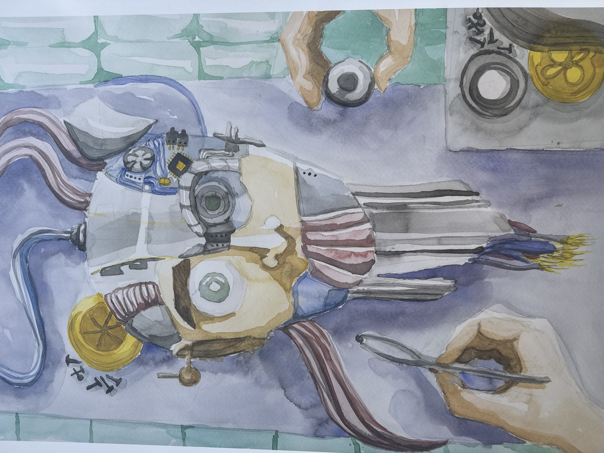 The image is a watercolor painting depicting a scene on a table or workbench. Dominating the center is a mechanical, fish-like object with exposed gears, wires, and metal components. This object has a large, round eye on one side and a series of metal fins or plates forming its body. Cables and tubes extend from the front and back of the fish-like object.
Two human hands are visible in the painting. One hand holds a small, spherical object above the fish, while the other holds a pair of tweezers near the tail end. To the right of the fish, there is an arrangement of metal and gold-colored components, possibly tools or parts for the mechanical fish. Several small nails are scattered on the table next to a yellow circular component.
The background features a light blue and green surface, possibly a tiled wall or tabletop. The overall scene suggests the assembly, repair, or examination of the mechanical fish.
There is no information about this image pertaining to the city of Sofia, Bulgaria.