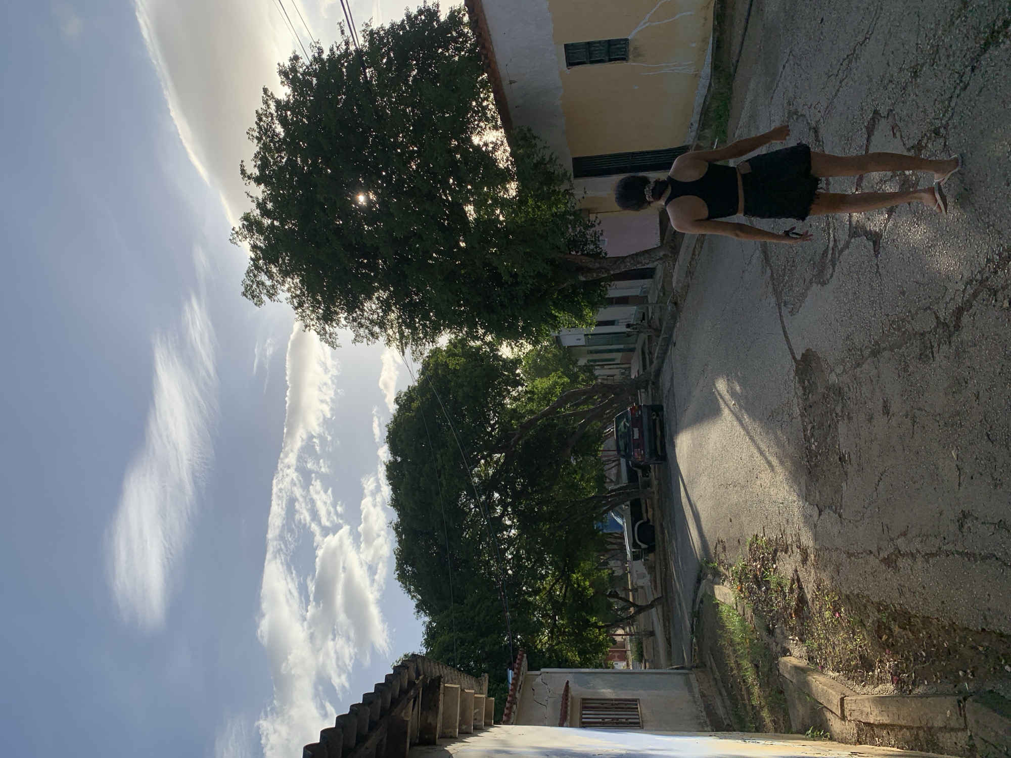 In Santa Ana, Venezuela, a young woman with dark hair pulled into a bun, wearing a black crop top and a frayed black skirt, walks away from the camera down a cracked asphalt street. Sunlight filters through the dense green canopy of a large tree to her right, casting dappled shadows on the road and the yellow-hued building beside her. The street is lined with single-story houses, some appearing weathered with peeling paint. A white pickup truck and a dark sedan are parked on the side of the street further down. The sky above is a pale blue with wispy white clouds and the sun is partially obscured by tree branches. The scene captures a quiet, sun-drenched moment on a residential street.