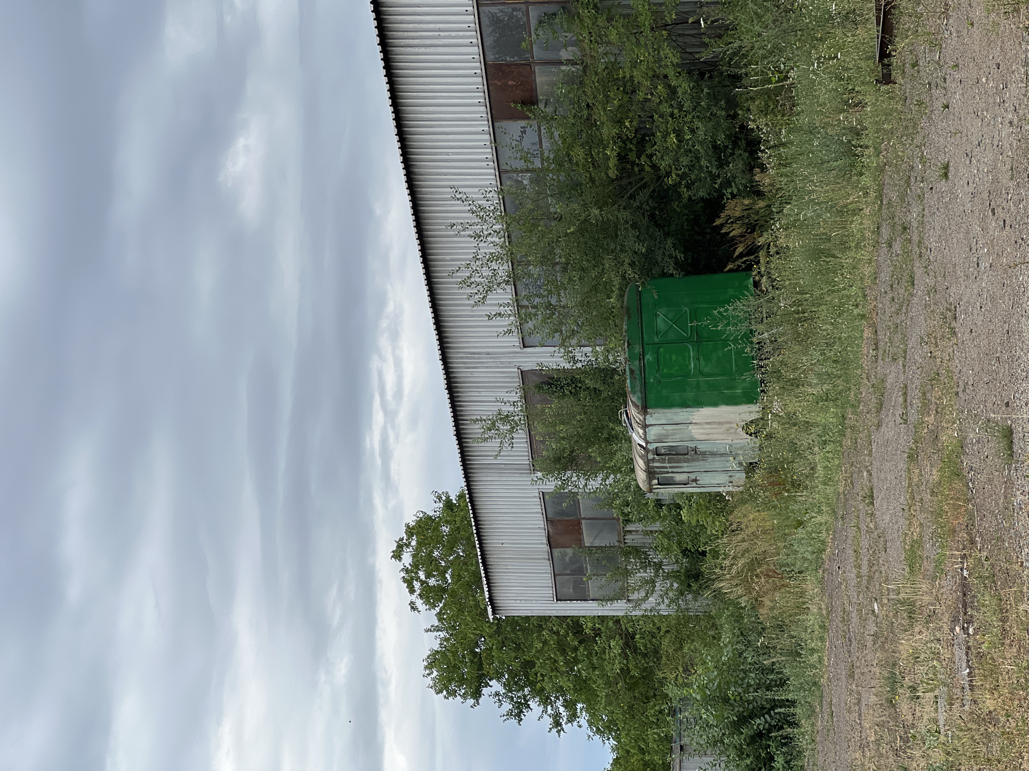 An overcast day in Lanžhot, Czechia. A long, corrugated metal industrial building dominates the mid-ground. The building has a peaked roof and numerous large, grimy windows, some of which appear to be boarded up or broken. Dense, overgrown green foliage surrounds the building, encroaching on its base and obscuring portions of the lower windows. In front of the building, to the left, sits a small, dilapidated green and white corrugated metal structure, possibly a storage unit or a small trailer. The foreground is a gravel and dirt path with patches of dry, overgrown grass and weeds. The sky is a uniform grey with scattered clouds.