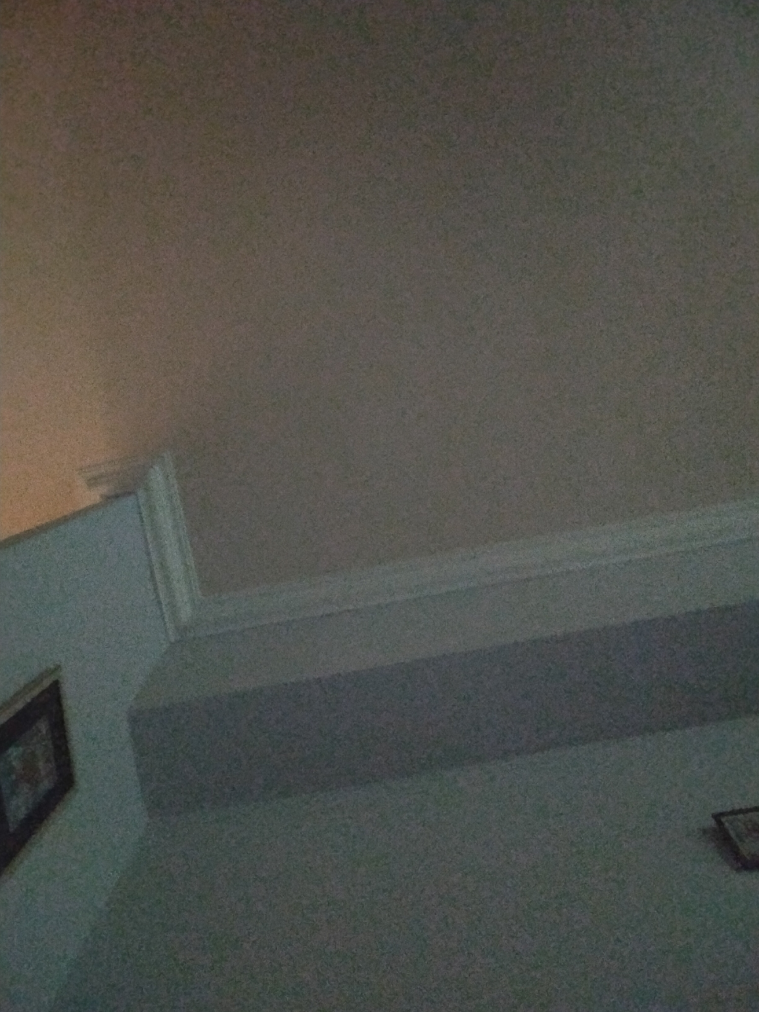 The image shows a section of a room in a building. A wall is partially visible on the left side of the frame, adorned with a framed picture. Above the wall, there appears to be decorative molding or a crown molding detail that transitions into the ceiling. The ceiling takes up the majority of the upper part of the image. Another framed picture is partly visible on the right side of the frame. The location is not discernible from the image. Yerevan, Armenia, cannot be determined.