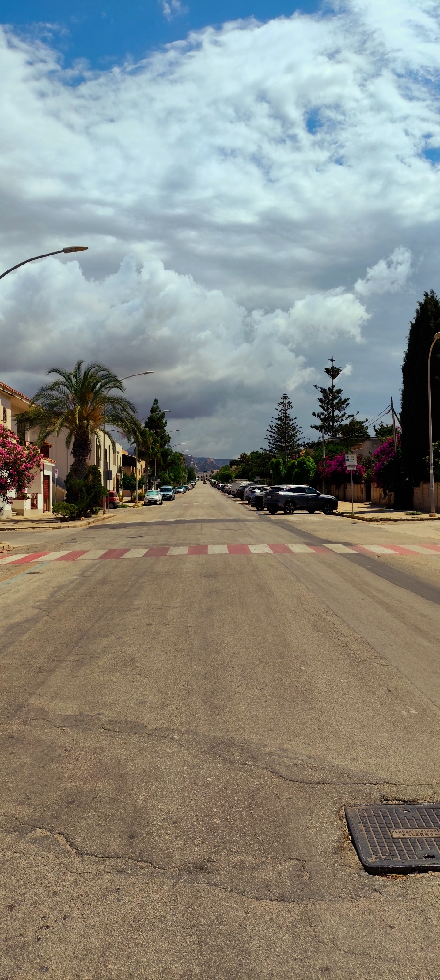 The image depicts a street scene in San Vito Lo Capo, Italy. The perspective is from the middle of the road, looking straight ahead down a long, straight street lined with houses and trees. The sky is filled with dramatic, heavy grey and white clouds, with patches of blue visible. A street lamp is visible in the upper left corner.
On the left side of the street, there are low-rise buildings with red-tiled roofs. One building features a vibrant pink flowering plant cascading down its side. A tall palm tree stands prominently in front of the houses. Further down the street on the left, several cars are parked along the curb, and more trees and buildings are visible.
On the right side of the street, there are more parked cars, a line of tall, dark green trees, and more houses with similar architectural features. Pink and purple flowering plants are also present on this side of the street, adding color to the scene. The road itself is paved and shows signs of wear, with visible cracks. A pedestrian crossing with red and white stripes is present in the foreground, indicating a crossing point. In the lower right corner, a metal manhole cover is visible. The street extends into the distance, where a hazy view of hills or mountains can be seen under the cloudy sky.