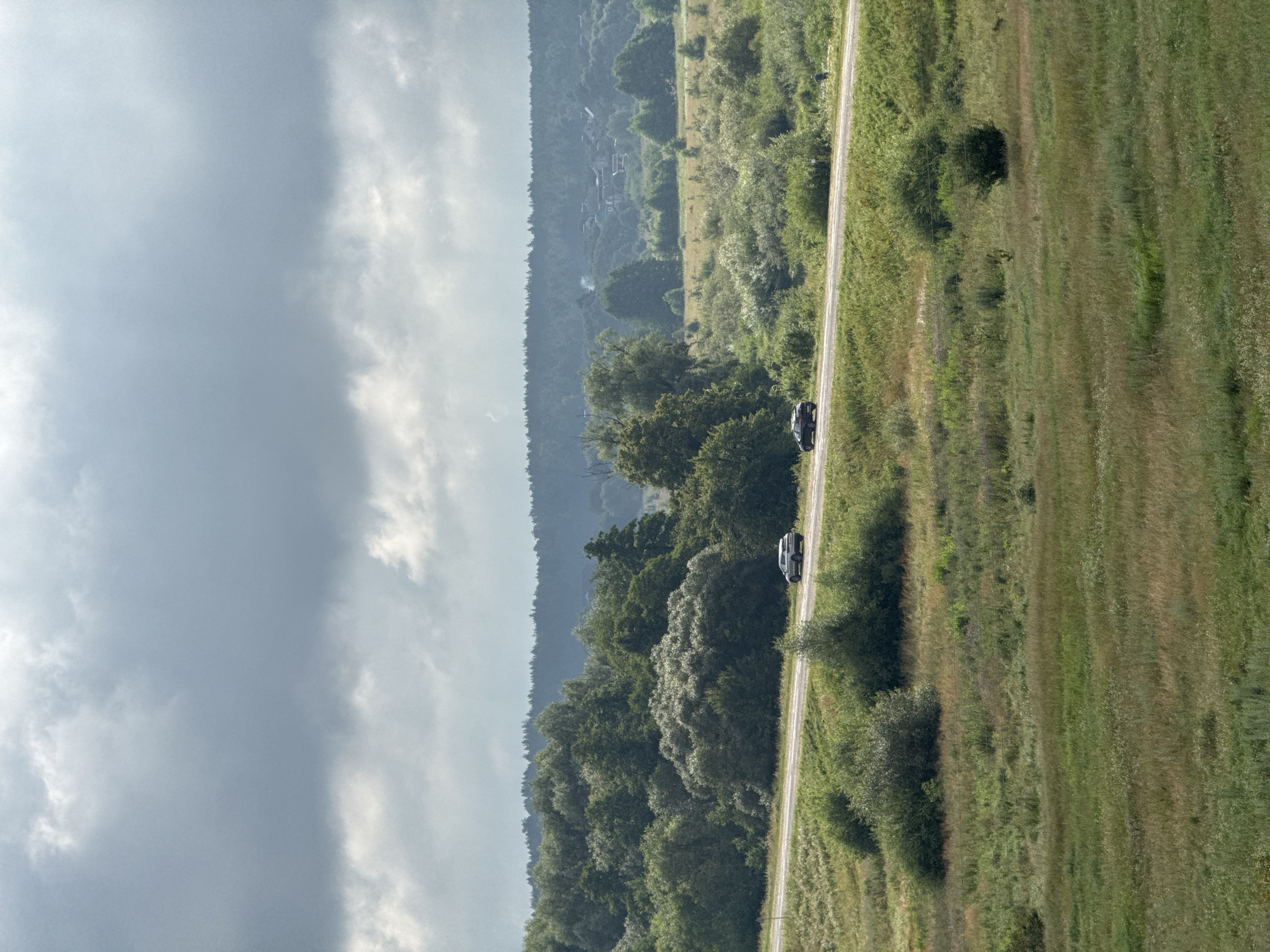 The image depicts a panoramic view of a rural landscape under a cloudy sky, potentially within the Neman Rural Council in Belarus. In the mid-ground, a paved road runs horizontally across the frame, with two cars visible. A light-colored SUV is on the right side of the road, heading away from the viewer. Further to the left, a darker sedan is also on the road, moving in the same direction. The road is bordered by green fields and patches of trees and bushes. Beyond the road, a dense forest stretches across the horizon, with hints of distant buildings and smoke suggesting a small settlement. The foreground is dominated by a grassy field with varied textures and colors, indicating a natural, undeveloped environment. The overall impression is one of a quiet, pastoral scene, typical of the Belarusian countryside.