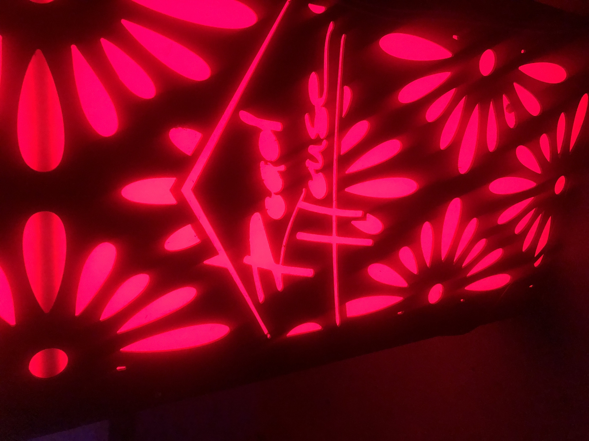 The image shows a neon sign for "Road House" in what appears to be a dimly lit establishment. The sign is illuminated in a vibrant pink neon, casting a reddish glow on the surrounding dark environment. The sign itself is designed with a stylized font, with the words "Road House" rendered in cursive. Behind the neon sign, a pattern of glowing red floral or petal shapes is visible, suggesting the sign is part of a larger decorative element or the facade of the building. The overall impression is one of a vibrant, perhaps nightlife, venue. The location in Howayi, Nigeria, is not visually discernible from the image alone, but the sign suggests a commercial establishment.