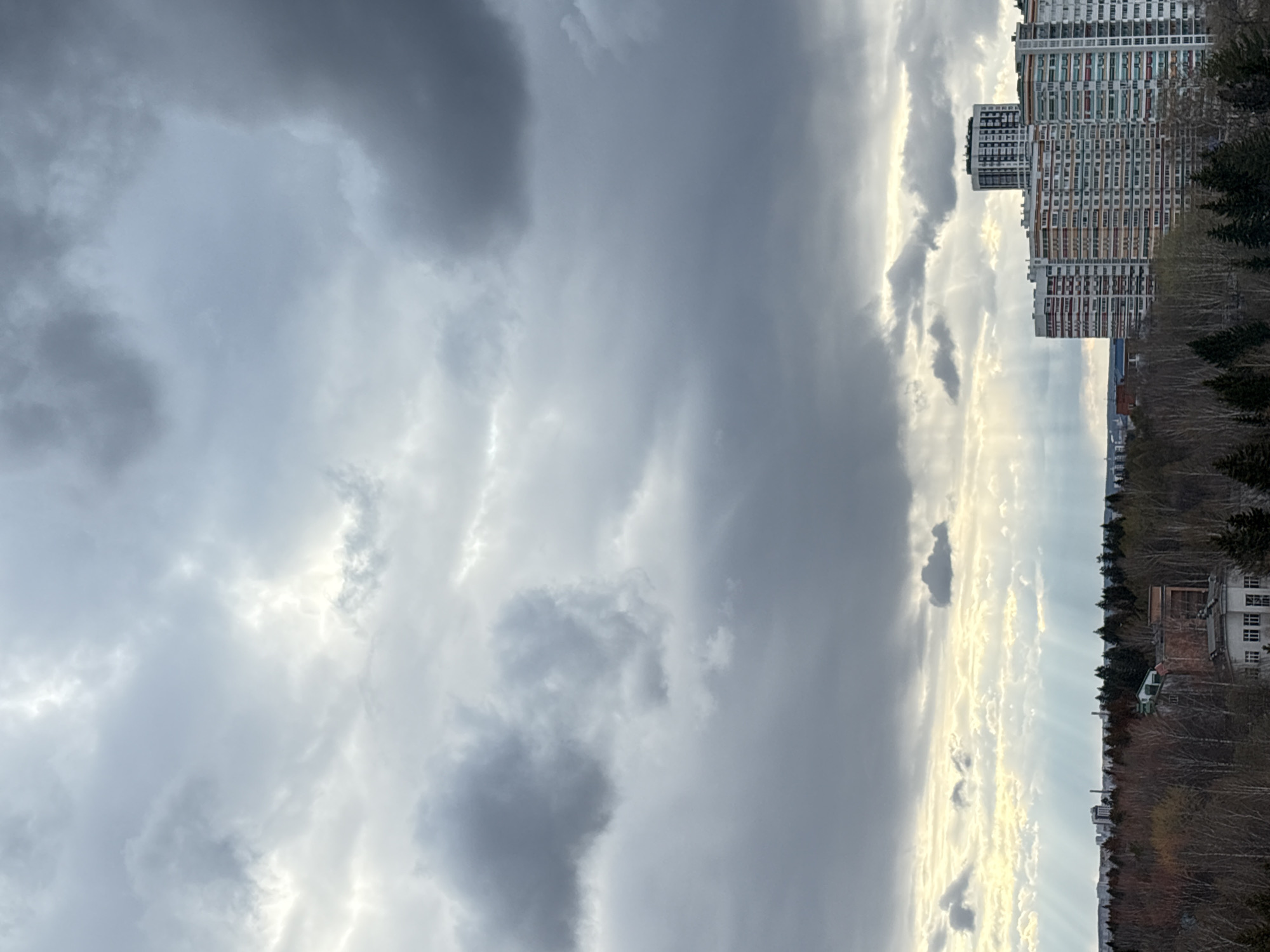 This image captures a wide urban landscape under a dramatic, cloudy sky, likely taken from a high vantage point overlooking Izhevsk, Russia.
The sky, occupying the upper two-thirds of the frame, is filled with a dynamic expanse of clouds. Dark, heavy grey clouds dominate the left side, indicating dense cover. Towards the center and right, the clouds lighten considerably, revealing powerful crepuscular rays (sunbeams) breaking through the atmospheric gaps. These brilliant shafts of light extend downwards towards the horizon, suggesting the sun is either rising or setting, or briefly piercing through thick cloud cover after a period of precipitation. The overall weather appears overcast and moody, yet with moments of striking illumination.
On the right side of the image, several modern, tall residential buildings stand prominently. These are multi-story apartment blocks, characterized by numerous windows and balconies, reflecting a contemporary urban architectural style. One building in the mid-ground features a distinctively shaped, possibly curved or rounded, top section.
Below the cluster of buildings and extending across the landscape is a natural barrier of trees. Many appear to be deciduous with bare branches, indicating the season is likely late autumn, winter, or early spring. Scattered among them are some evergreen trees. In the far distance, a faint horizon line reveals more urban sprawl or smaller structures.
No specific activity is visible, and there are no discernible people or text within the frame. The scene is a static observation of a city meeting its natural surroundings under a visually compelling and atmospheric sky.