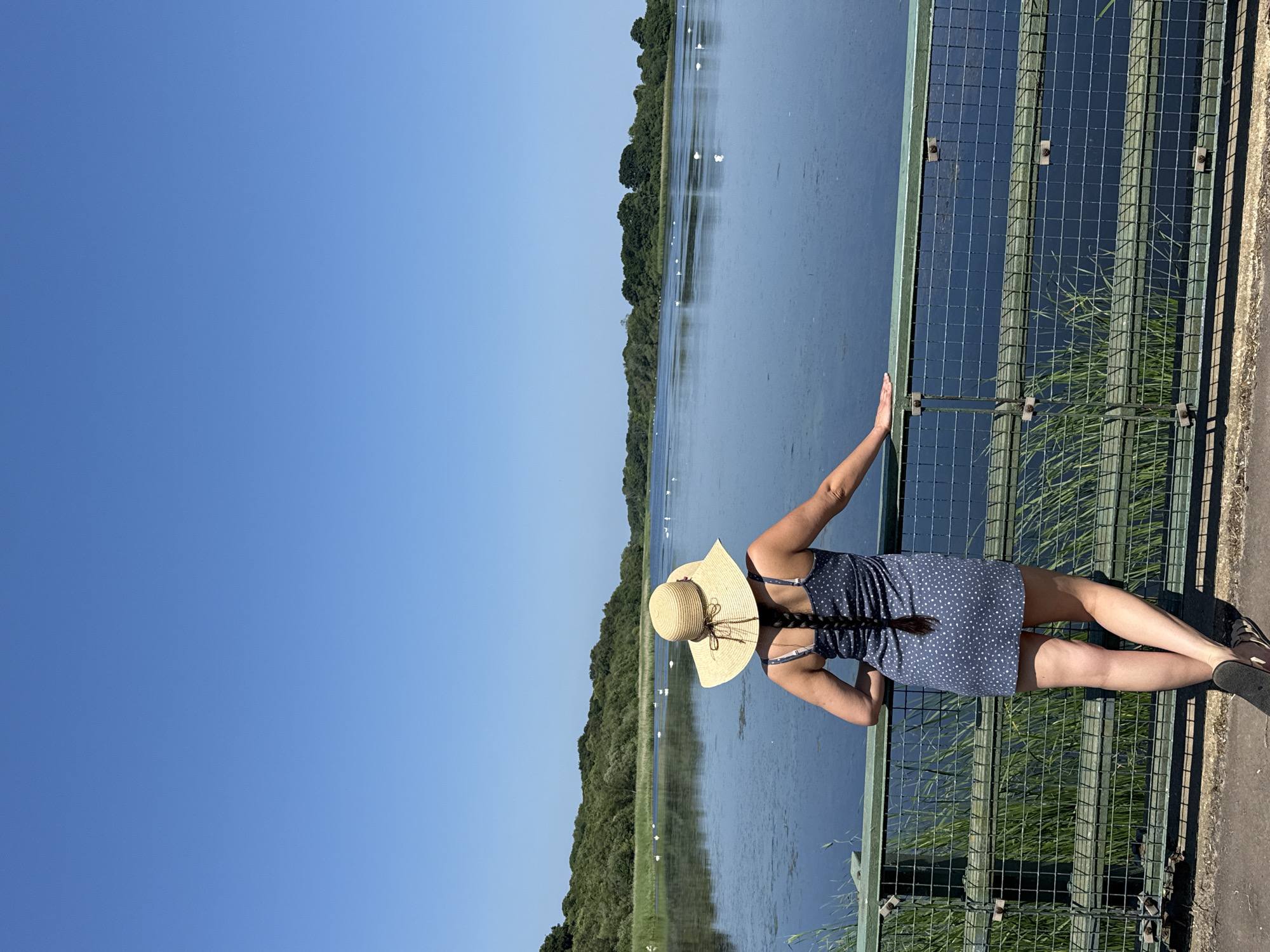 A woman wearing a wide-brimmed straw hat and a blue and white polka dot dress is leaning on a metal fence overlooking a calm lake. Her back is to the camera, and her long dark hair is braided and falls down her back. The woman is wearing sandals. The lake is populated with several white birds, likely swans, and is surrounded by a dense line of trees. The sky is a clear, vibrant blue, suggesting a sunny day. The fence appears to be part of a walkway or viewing platform, and the ground next to it is paved. The scene evokes a sense of peaceful observation in a natural setting. The time of day appears to be midday or early afternoon due to the bright sunlight and clear sky. The location is identified as Great Yarmouth, United Kingdom. No visible text is present in the image.
