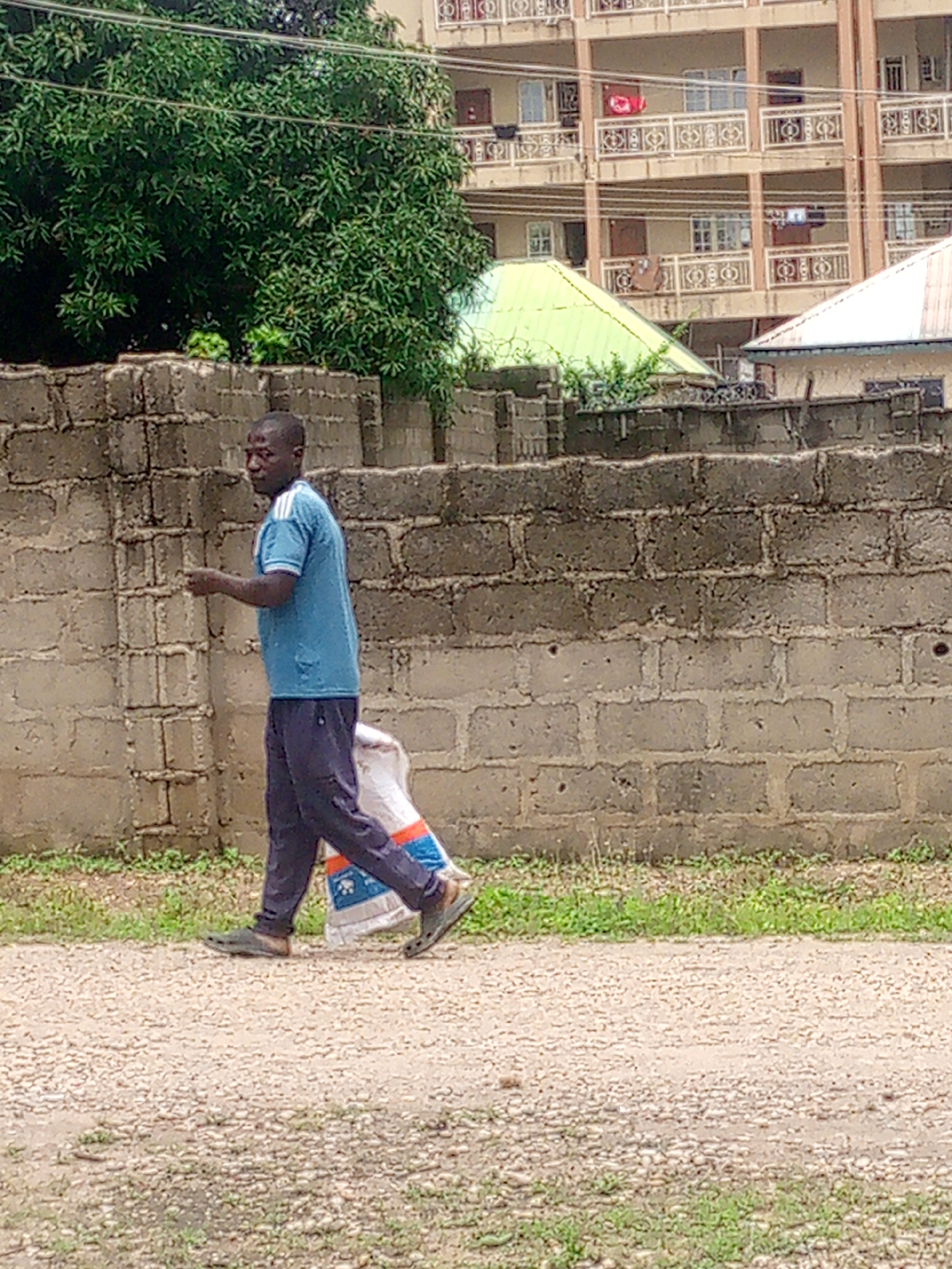 In Adankolo, Nigeria, a man of African descent is walking on a gravelly road. He is wearing a blue t-shirt with white stripes on the sleeves and dark pants. He is carrying a large, white bag with orange and blue accents. The man is walking towards the right side of the frame, and his body is angled slightly away from the viewer. Behind him, a textured concrete wall runs horizontally across the image, with a dense green tree to the left of the frame. In the background, a multi-story building with balconies and windows is visible, along with two sloped roofs of adjacent structures. The overall impression is an outdoor urban environment.