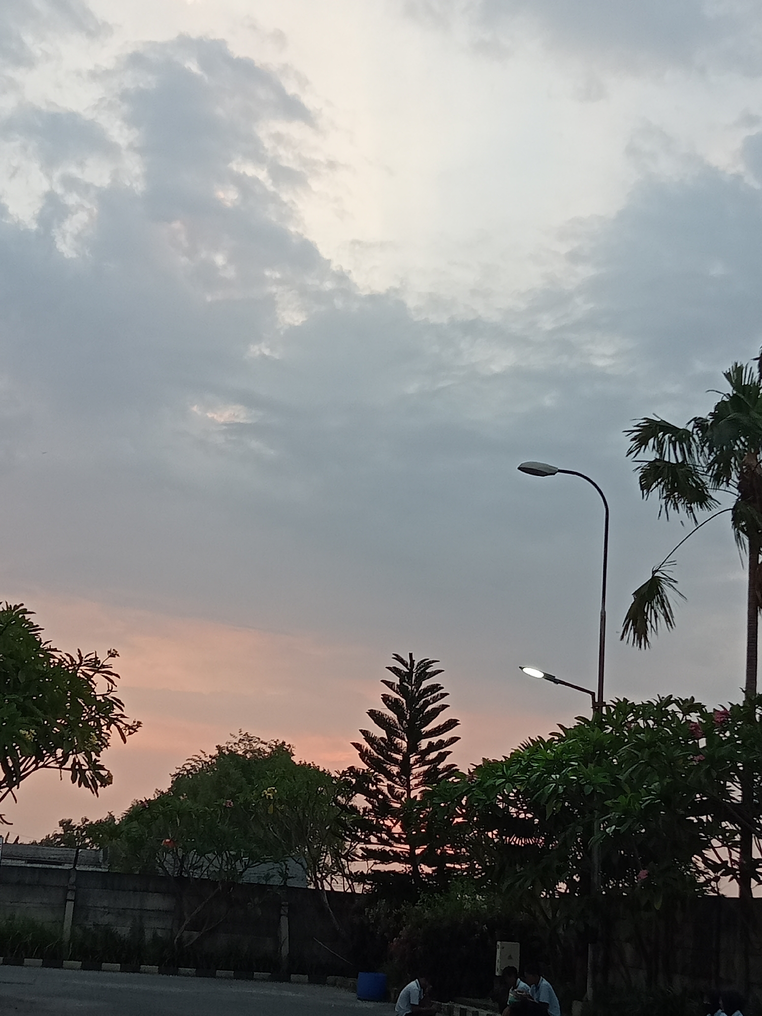 The image shows a cloudy sky over Sukomoro, Indonesia. There are several trees visible, including an Araucaria heterophylla (Norfolk Island pine), plumeria trees, and palm trees. A street light is visible in the middle of the frame. A wall runs along the bottom of the frame, with a street in front of it. Two people are sitting on the ground in the bottom center of the frame. The sky has hues of orange, indicating either sunrise or sunset.