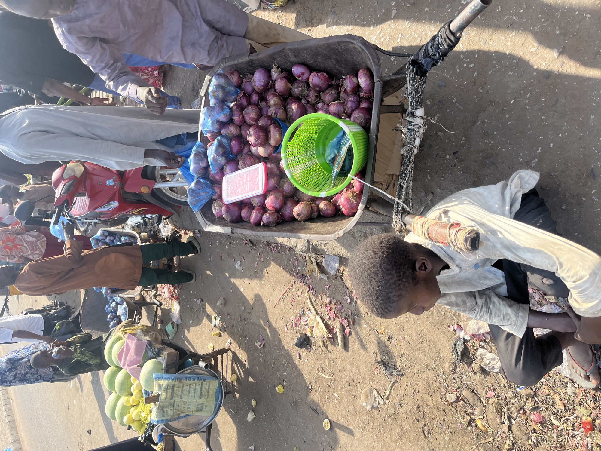 In Minna, Nigeria, a street scene shows a vendor selling red onions from a wheelbarrow filled to capacity. The onions are also contained in blue plastic bags. A green plastic basket sits atop the onions. A young boy wearing a light-colored shirt and black pants crouches near the wheelbarrow. Two other vendors are present, one in a brown jacket and the other in a light-colored robe. A red motorcycle is visible near the onion-filled wheelbarrow. A metal scale is positioned near a pile of watermelons and yellow fruits. The ground is covered with debris and onion peels.