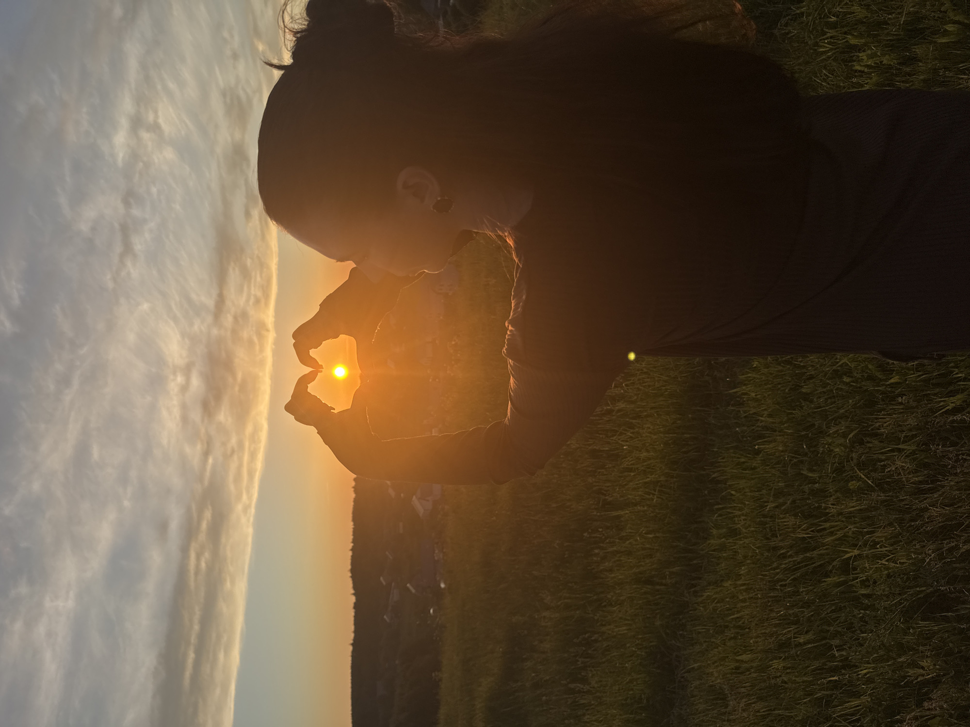 This image, presented in a vertical (portrait) orientation, depicts a scene at golden hour in Фоки, Russia. A person, appearing to be a young female with her hair pulled back, is visible in silhouette. Her hands are brought together in the center of the frame, forming a heart shape around the bright, setting or rising sun. The sun's intense golden glow creates a strong backlight, outlining the person's profile and casting a warm, orange hue across the sky and landscape. The sky, filling much of the background, features soft, wispy clouds. In the foreground and midground, a green, grassy field is visible, extending towards distant silhouettes of buildings and trees along the horizon. The image conveys a sense of peace and connection with nature, highlighting the beauty of the sun. No text is visible.
