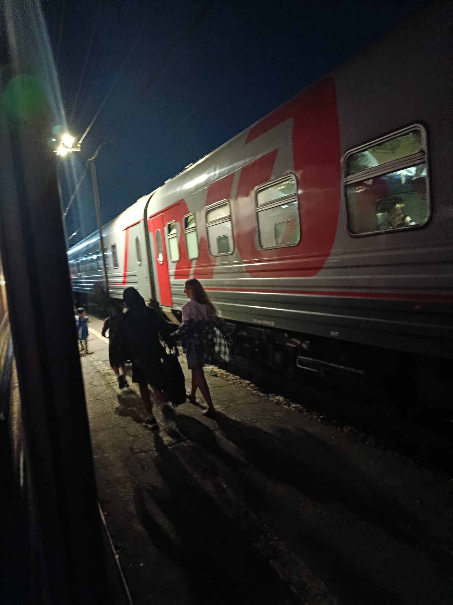 At night on a train platform in Rtishchevo, Russia, several people are walking near a train. The train cars are light gray with a large red emblem on the side. Windows of the train are visible, some showing reflections. The platform is paved and dimly lit by a street lamp with a bright light source. Shadows are cast on the platform from the people and the train. One woman in the foreground is wearing a light-colored top and a plaid jacket, carrying a bag. Another person in the foreground is wearing a dark outfit and also carrying a bag. Further down the platform, a child in a blue jacket is standing. The sky is dark blue.