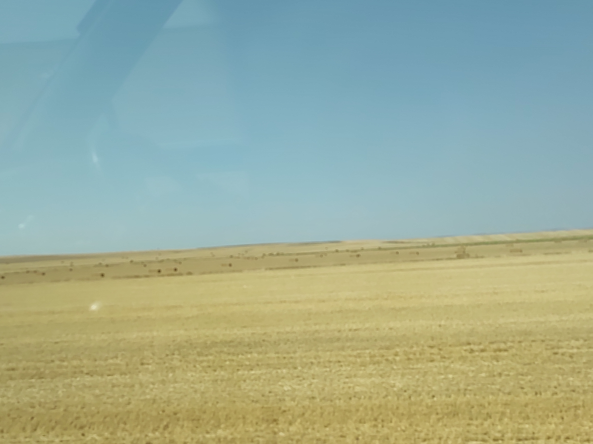 The image depicts a vast, golden field of harvested wheat, likely in Baquerín de Campos, Spain, under a clear, pale blue sky. The field stretches horizontally across the frame, with the texture of stubble indicating recent agricultural activity. In the distance, on the horizon, scattered dark circular shapes, likely hay bales, are visible, dotting the landscape. The sky occupies the upper portion of the image, with subtle gradients of light blue. A faint reflection, possibly from a window or lens, is present in the upper left quadrant of the sky. The overall impression is one of an open, rural landscape during a sunny day.