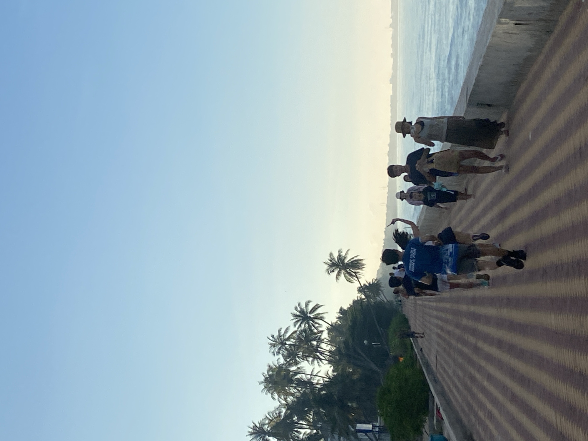 A group of people are walking and running along a paved promenade next to a body of water. The promenade is paved with alternating light and dark brown rectangular tiles, creating a striped pattern. To the left of the promenade is a dense line of tropical trees and foliage, including several palm trees, with some buildings visible behind them. To the right is a concrete seawall separating the promenade from the ocean, which appears calm and reflects the light blue sky. The sky is clear and pale blue, with a hazy horizon in the distance. In the foreground, a person wearing a blue t-shirt and shorts is running towards the viewer, appearing to be mid-stride. Other individuals, including children and adults, are walking and running in the same direction. One woman in the middle ground is wearing a hat and a long skirt. The scene depicts an outdoor recreational activity at the coast.