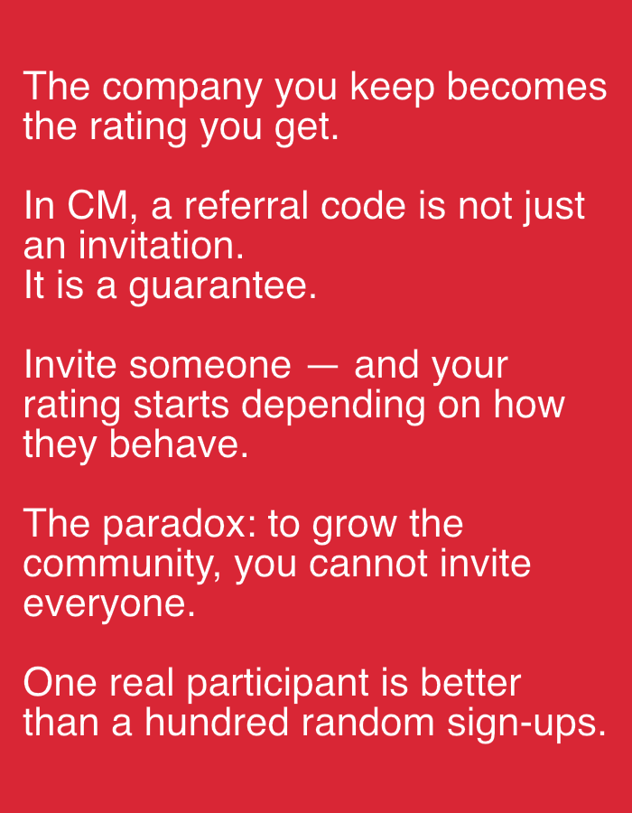 The image displays white text against a solid red background. The text is divided into five distinct paragraphs. The first paragraph reads, "The company you keep becomes the rating you get." The second paragraph states, "In CM, a referral code is not just an invitation. It is a guarantee." The third paragraph continues, "Invite someone - and your rating starts depending on how they behave." The fourth paragraph presents, "The paradox: to grow the community, you cannot invite everyone." Finally, the fifth paragraph concludes with, "One real participant is better than a hundred random sign-ups." The image is a digital rendering of text and does not depict any real-world location, including Even Yehuda, Israel. There are no people, subjects, objects, actions, interactions, or environmental details present in this image.