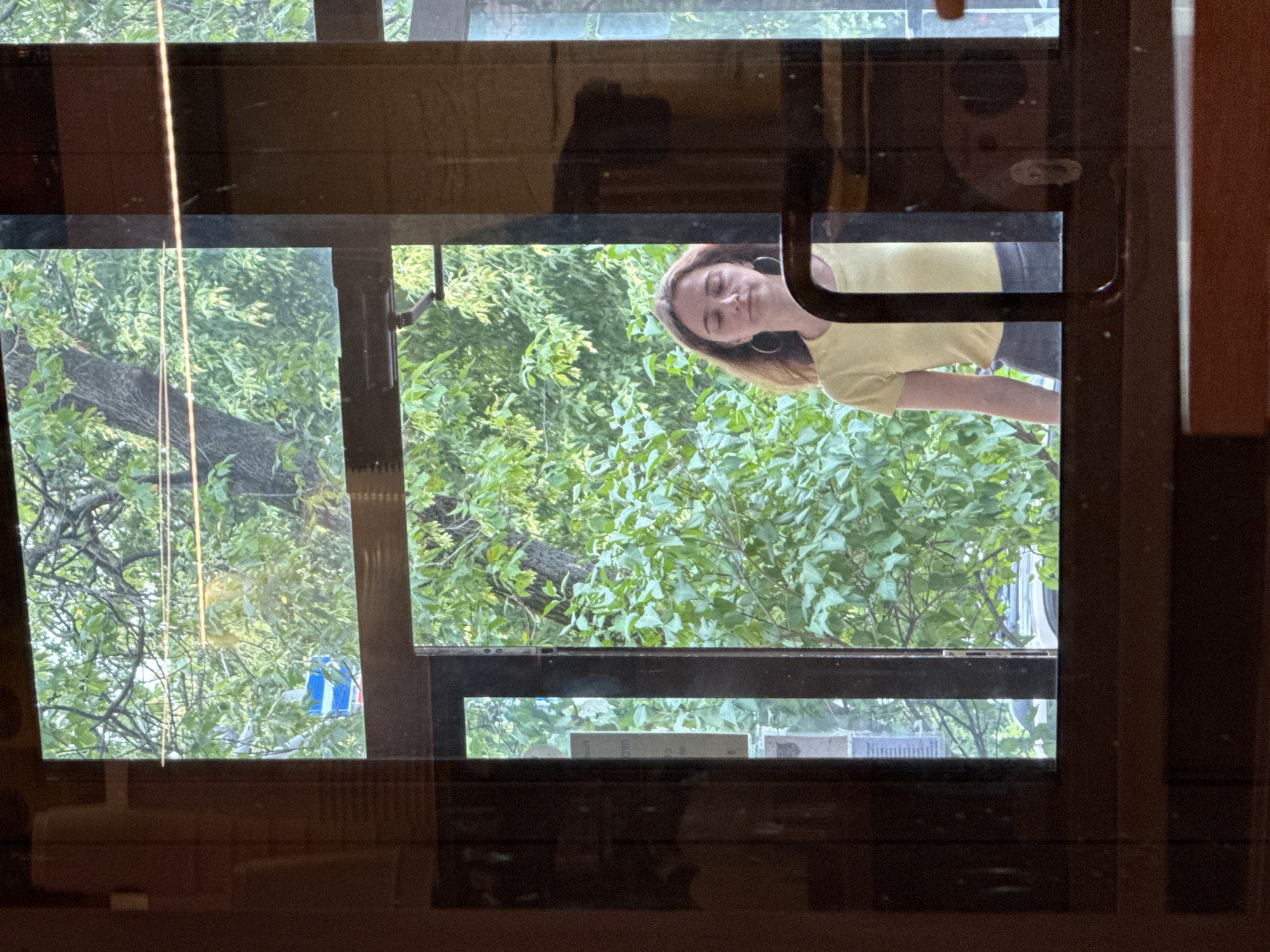 The image shows a woman with light brown hair, wearing a yellow short-sleeved shirt and a grey skirt, standing in front of lush green foliage. She is looking down with her eyes closed and wearing large hoop earrings. The scene appears to be viewed through a window, with reflections on the glass. Through the window, a tree trunk is visible, along with some sky and what appears to be a blue and white sign. The overall impression is that of an overcast day.