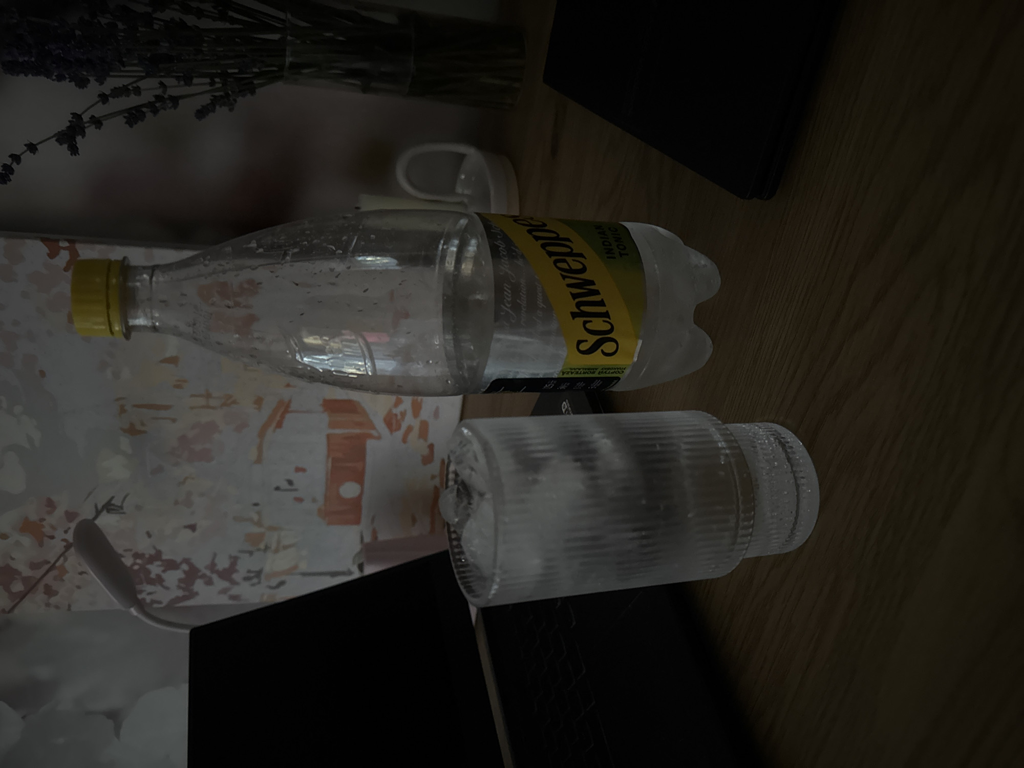An overhead shot shows a wooden table with a laptop, a glass of ice water, and a bottle of Schweppes Indian Tonic. A vase with dried flowers is in the background, along with a patterned cloth. The scene appears to be indoors.
