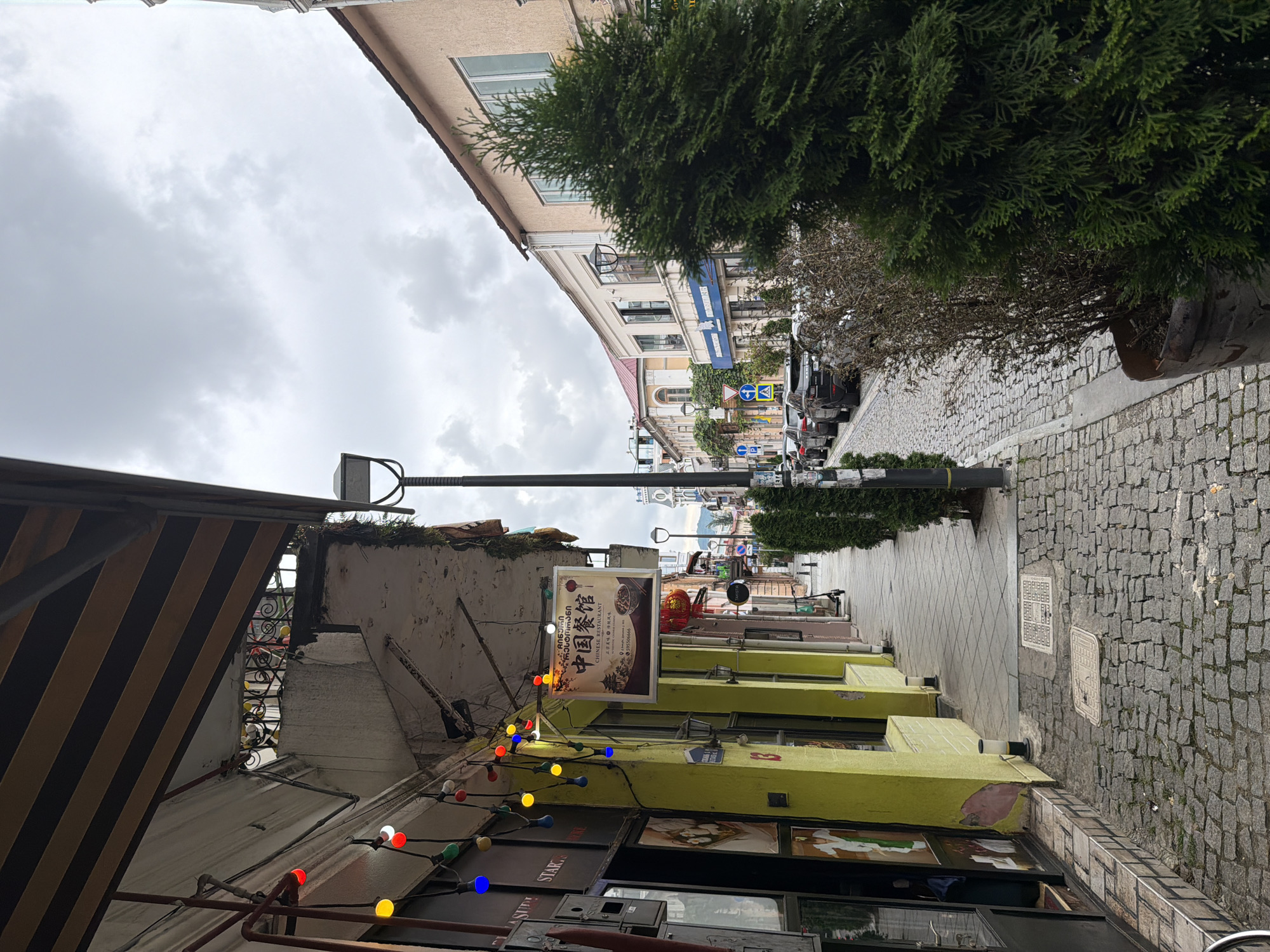 The image captures a street scene in Batumi, Georgia, likely on a cloudy day, with a prominent focus on the left side of a narrow cobblestone street. A yellow-painted building with a weathered overhang is on the left, adorned with colorful string lights. A sign in Chinese characters, indicating a restaurant, is visible above the entrance. The sidewalk features patterned tiles and cobblestones.
Further down the street, other buildings with balconies and windows line the right side. A row of parked cars is visible along the street. Several cypress trees are planted in pots, with one large tree in the foreground on the right. Streetlights are present along the sidewalk. The sky is overcast with thick clouds. The overall impression is one of a quaint, somewhat aged urban environment.