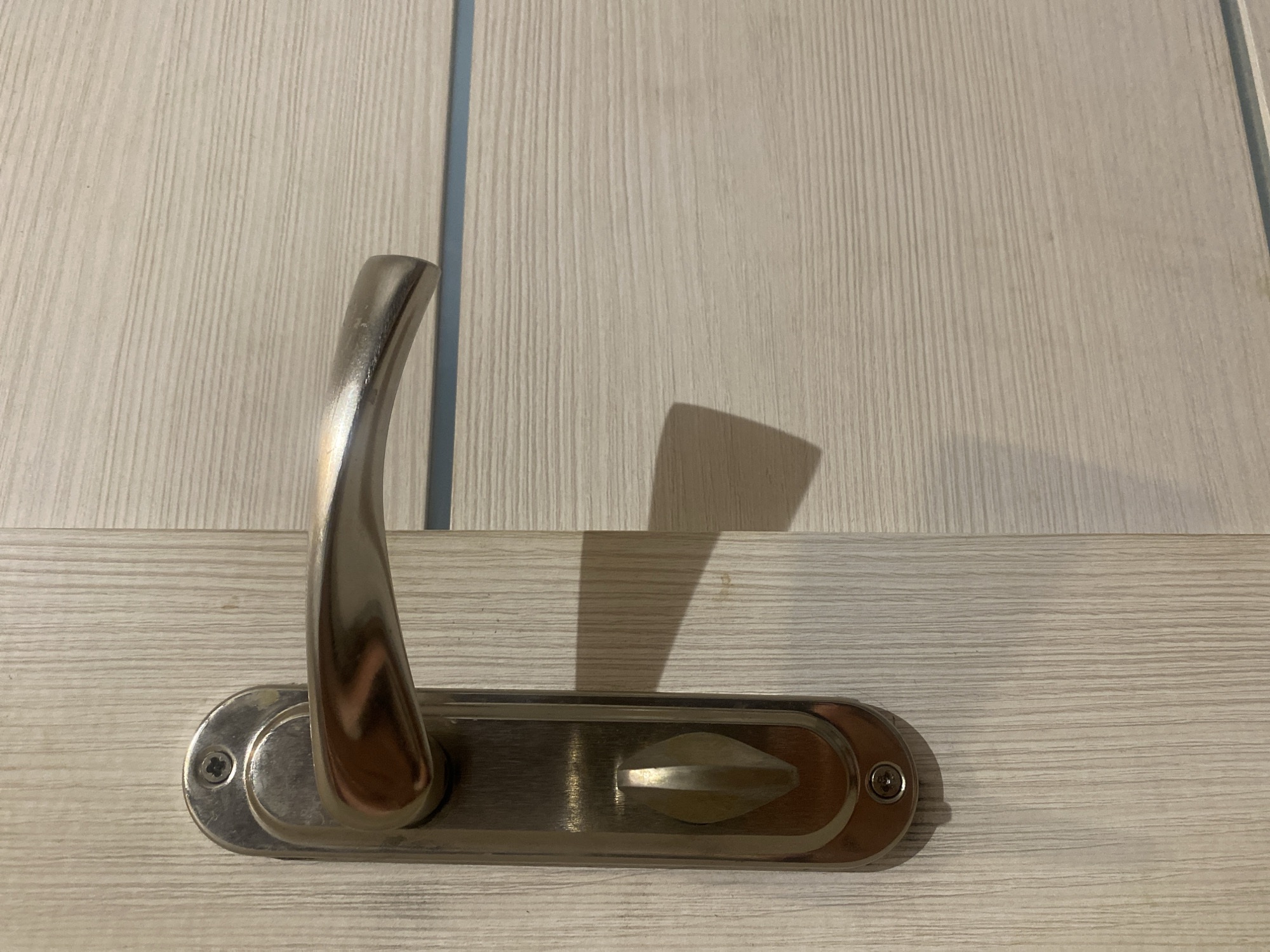 The image shows a close-up, eye-level shot of a door handle and a portion of a door. The door handle is made of brushed metal and is mounted on a long, oval-shaped plate. The handle itself is curved and extends horizontally from the plate. The door is made of a light-colored wood with visible grain lines running vertically. There is a horizontal inset line on the door to the right of the handle. A shadow is cast on the door by the handle. The image appears to be taken indoors, possibly in a residential or commercial building. Without further context or information about the location within Chișinău, Moldova, it is impossible to provide specific details about the environment beyond the visible elements of the door and handle.