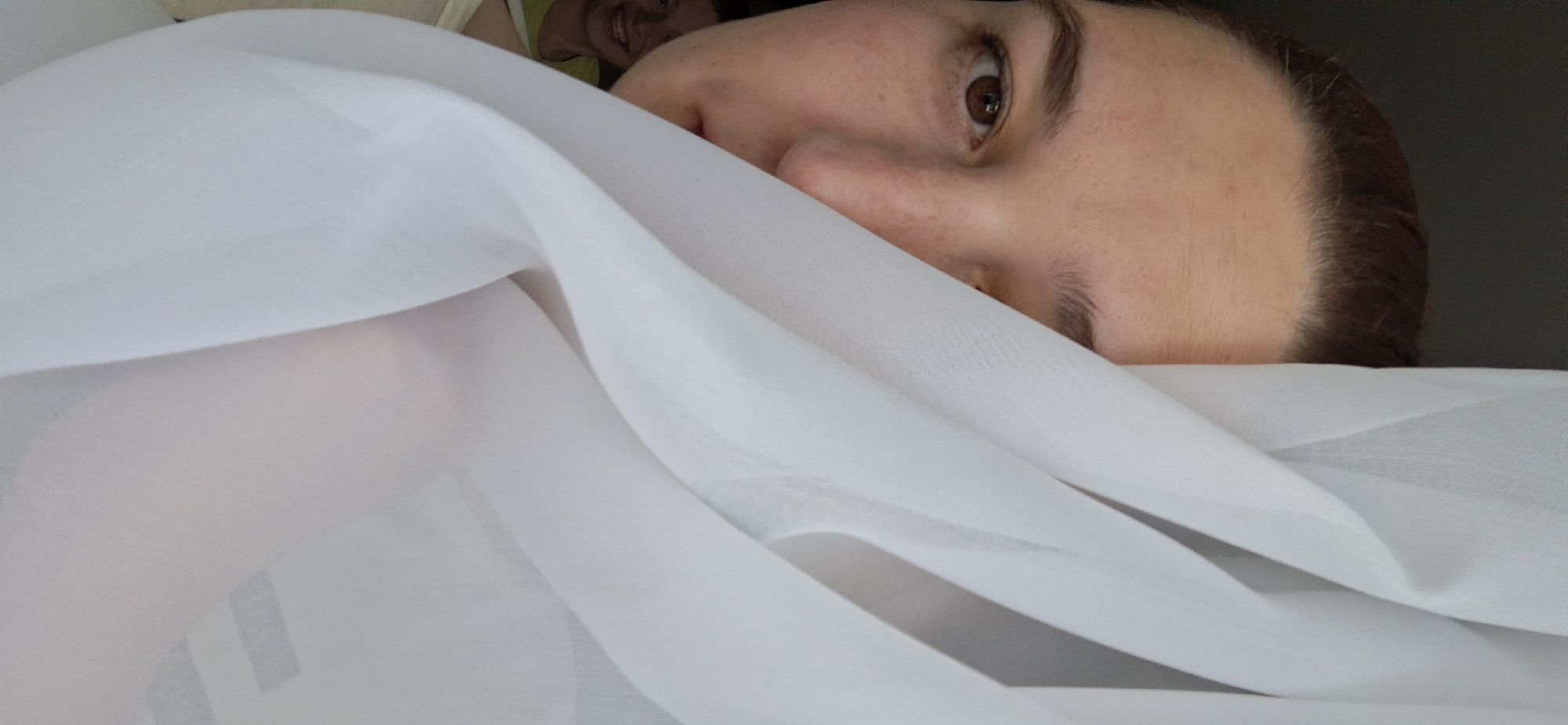 A person is partially obscured by a white fabric, likely a sheet or curtain. The person's face, specifically the eyes, nose, and forehead, are visible. The person has brown hair. Behind the person and the white fabric, another individual is partially visible. The location is not identifiable based on the given image.