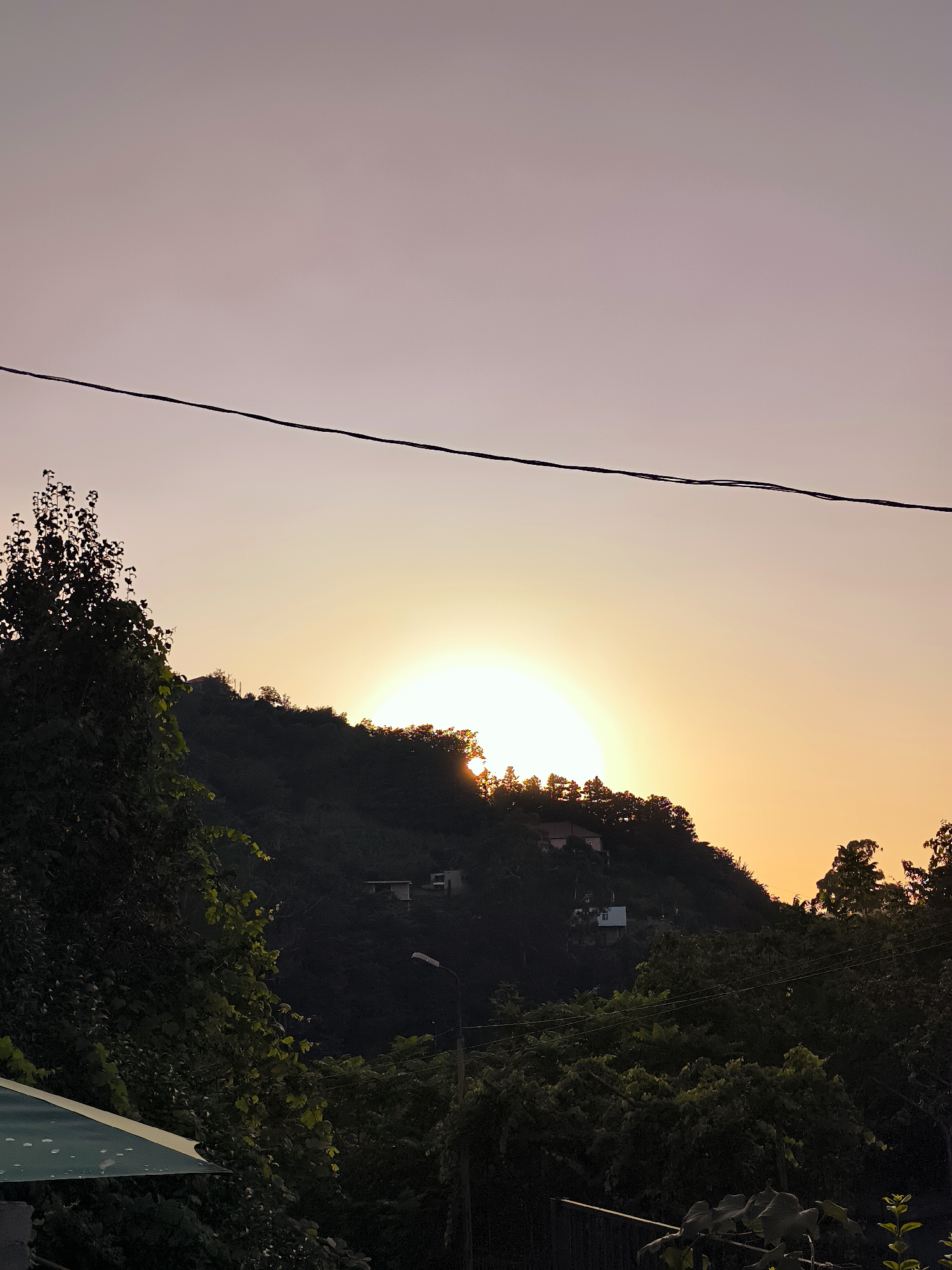 A sunset is captured behind a lush, tree-covered hill. The sun is partially obscured by the trees, casting a warm glow across the sky which transitions from a pale pink at the top to a soft yellow near the horizon. Several small houses and buildings are nestled among the trees on the hillside. In the foreground, a power line stretches horizontally across the frame, and to the left, a dark green tree with full foliage dominates the left side of the image. The lower part of the image shows a green roof structure and some fencing, suggesting a residential or semi-rural setting. The overall impression is a tranquil scene of nature at dusk.