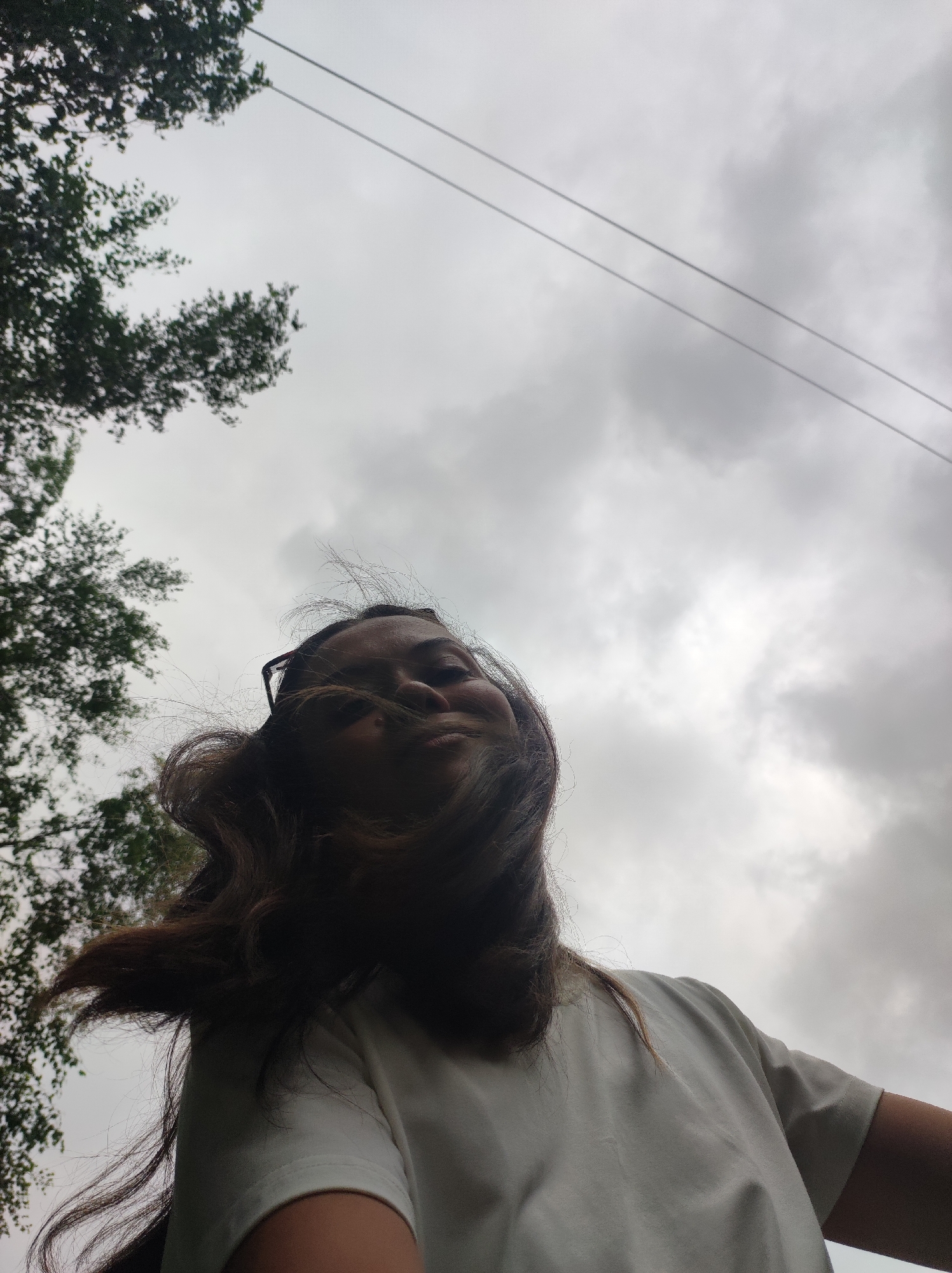 A low-angle, wide shot captures a person with long, dark, wavy hair caught in the wind, viewed from below against an overcast sky. The subject is wearing a white t-shirt. The background includes dark green trees on the left and power lines crossing the sky. The lighting is diffused and flat due to the cloudy conditions. The image appears to be taken outdoors, possibly in a park or residential area, with no specific identifying landmarks visible to pinpoint a location within Chaikovsky, Russia. The focus is on the person and the atmospheric sky.
