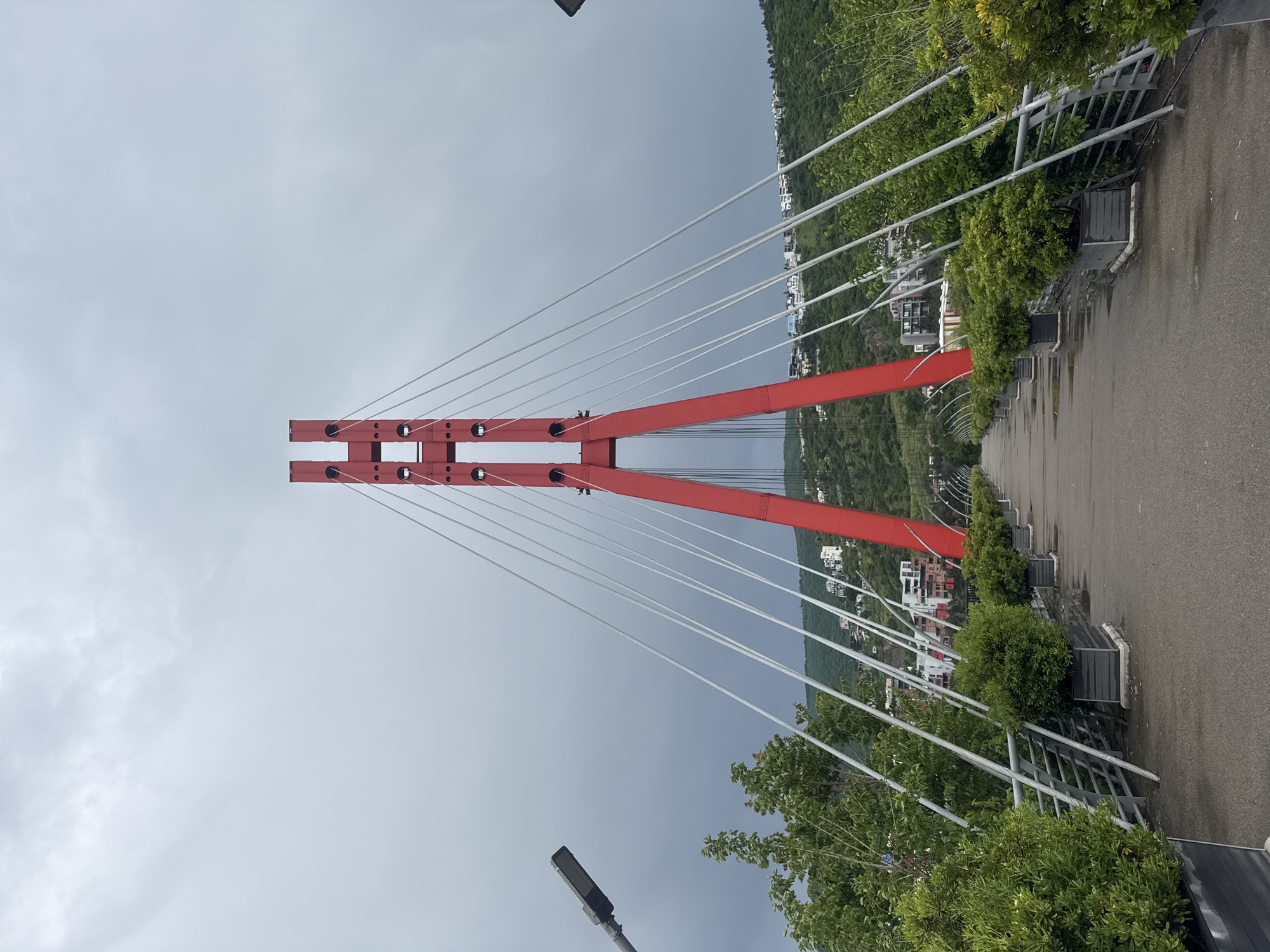 The image depicts a red suspension bridge in Tbilisi, Georgia. The tower structure is red, with white cables. A grey sky fills the upper portion of the image. Lush green trees and foliage line the bridge walkway. A view of the city, including buildings, can be seen in the background, along with a hilly landscape. The bridge walkway is wet, likely from recent rain. A modern lamppost is visible near the bottom.