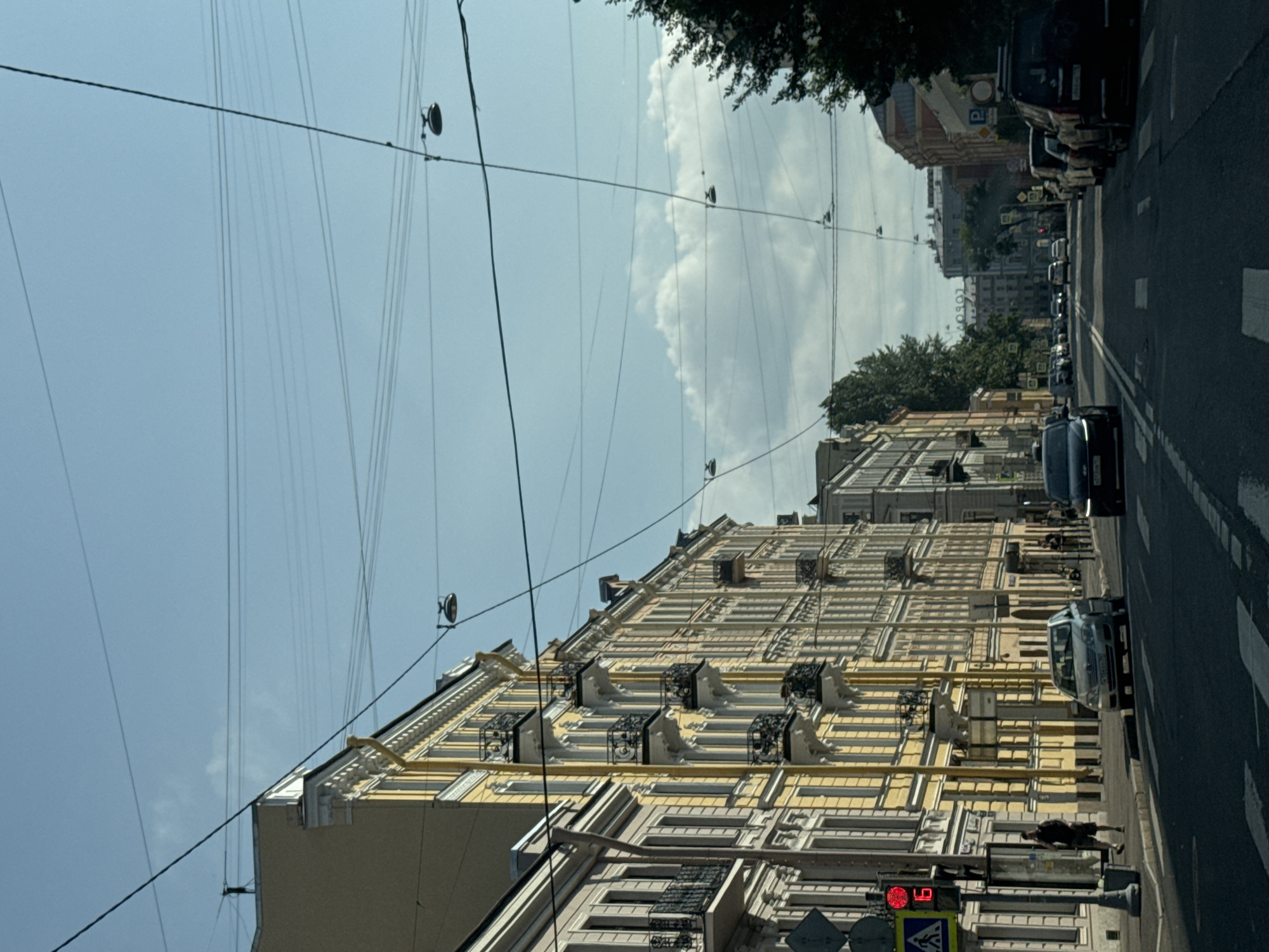 This is a vertical, eye-level shot of a street scene in Saint Petersburg, Russia. The image is dominated by overhead wires that crisscross the sky. In the foreground, a pedestrian crossing is visible on the right side of the street, marked by white lines. A traffic light shows a red signal.
The scene depicts a typical urban street with buildings lining both sides of the road. The buildings appear to be older, with ornate architectural details, including numerous windows and decorative elements on the facades, painted in shades of yellow and cream. Some of these buildings have a tan or beige section visible on the left.
Several cars are parked or driving on the street. A light-colored van is prominent in the middle ground, and a dark-colored SUV is visible further down the street. A person is lying on the ground near the pedestrian crossing, dressed in dark clothing.
The sky is a clear blue with a few wispy white clouds. Trees with green foliage are visible at various points along the street, suggesting a temperate climate. The sunlight indicates it is daytime, likely late morning or afternoon. The overall impression is of a bustling city street on a clear day. No other text is clearly discernible in the image besides the digits "69" on the traffic light.