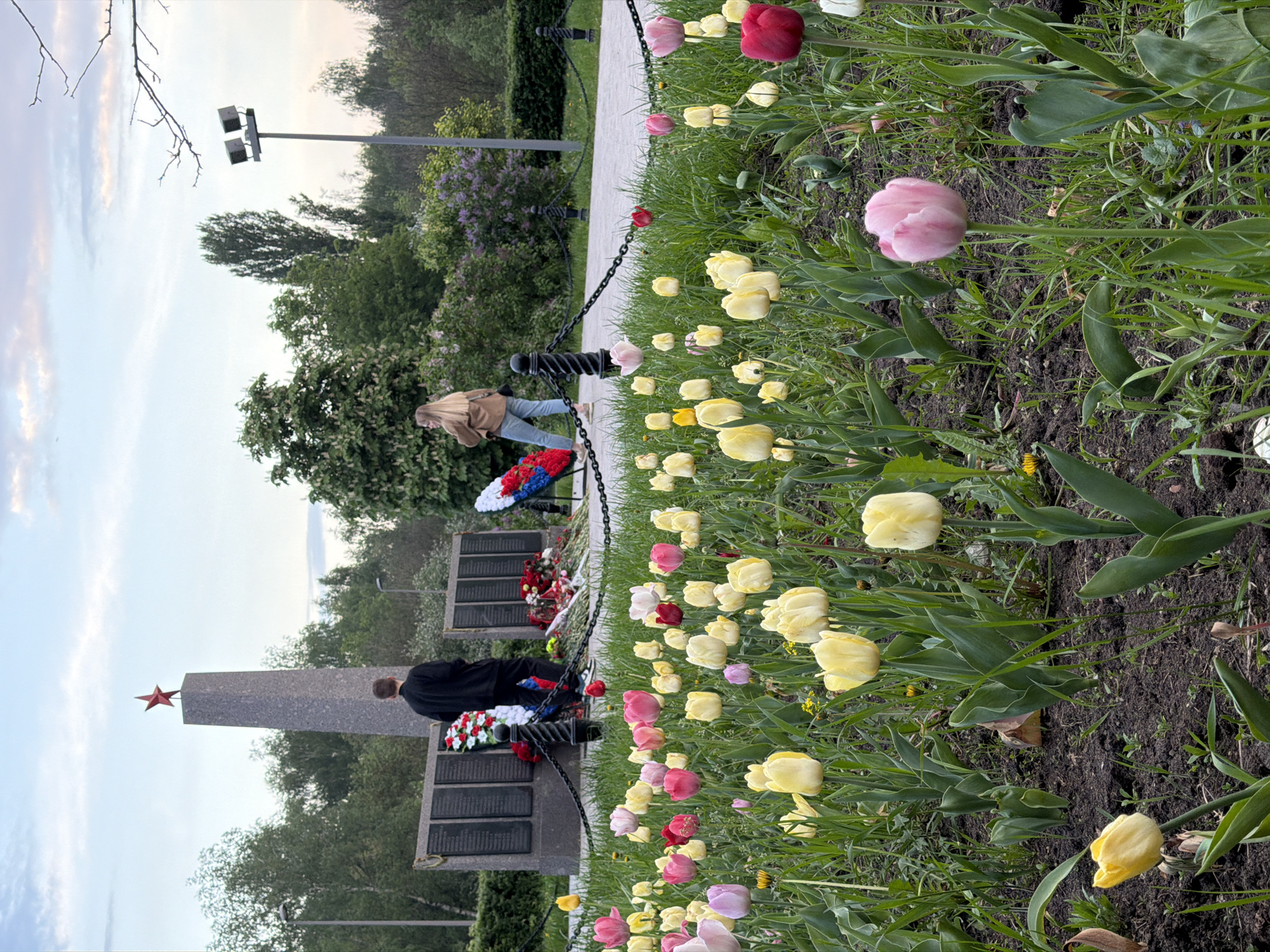 The image depicts a memorial site in Khimki, Russia, characterized by a gray stone monument adorned with a red star at its peak. The monument is situated amidst a flower bed featuring vibrant tulips in yellow, pink, and red hues. Two individuals are present: one in dark clothing placing a wreath at the base of the monument, and another in a light brown jacket, who appears to be observing or possibly placing another wreath. A walkway bordered by a black chain fence runs alongside the flower bed. The setting suggests a peaceful memorial environment.