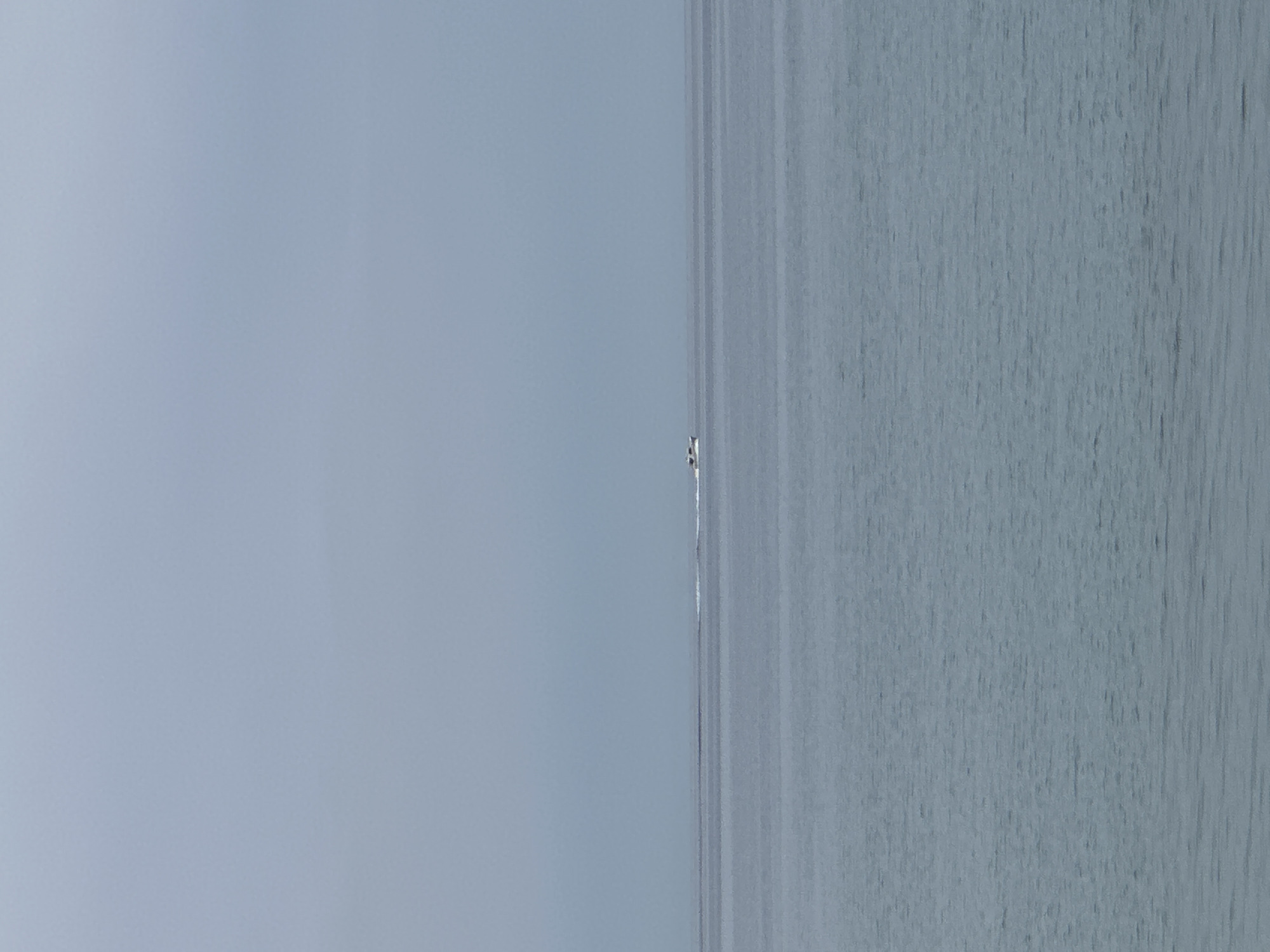 The image depicts a body of water, likely the Adriatic Sea, in Šušanj, Montenegro. A small vessel, possibly a boat or jet ski, is visible in the middle ground. The sky is overcast, creating a muted color palette. The water's surface is relatively calm with subtle ripples.