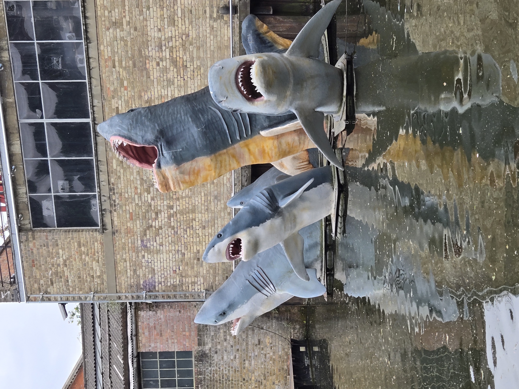 The image depicts a sculpture of sharks breaking through a brick building and reflecting in the water. The sculpture consists of three sharks stacked vertically, each with open mouths revealing rows of teeth. The building behind the sculpture features a series of windows, with additional brick buildings visible in the background. The water reflects the sculpture and building, creating a distorted and rippled effect. The location is likely a canal-side setting in London, United Kingdom.