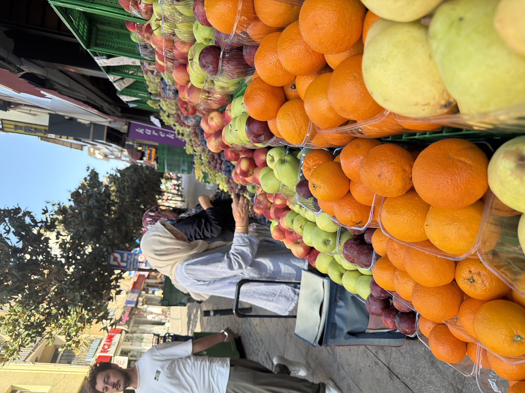 A street-level, medium shot captures a vibrant fruit stand in Kadıköy, Turkey, with a bright, sunny sky overhead. In the foreground, a variety of fruits are displayed in clear plastic containers and crates. Oranges are prominent, with their textured skins catching the light. Behind them, green apples and dark red plums are visible, along with bunches of grapes in the background. A shopping cart with a blue and gray bag sits to the left of the frame.
To the left, a young man with dark curly hair and a beard, wearing a white t-shirt and olive-green pants, walks away from the viewer. To the right of the shopping cart, a woman wearing a light beige hijab and a blue-grey top is seen from the side, with her hands reaching towards the fruit. Behind her, another woman in a patterned headscarf is partially visible.
The fruit stand is set up along a sidewalk, with a building facade featuring shop windows and awnings visible in the background. The overall impression is a bustling marketplace scene on a sunny day.