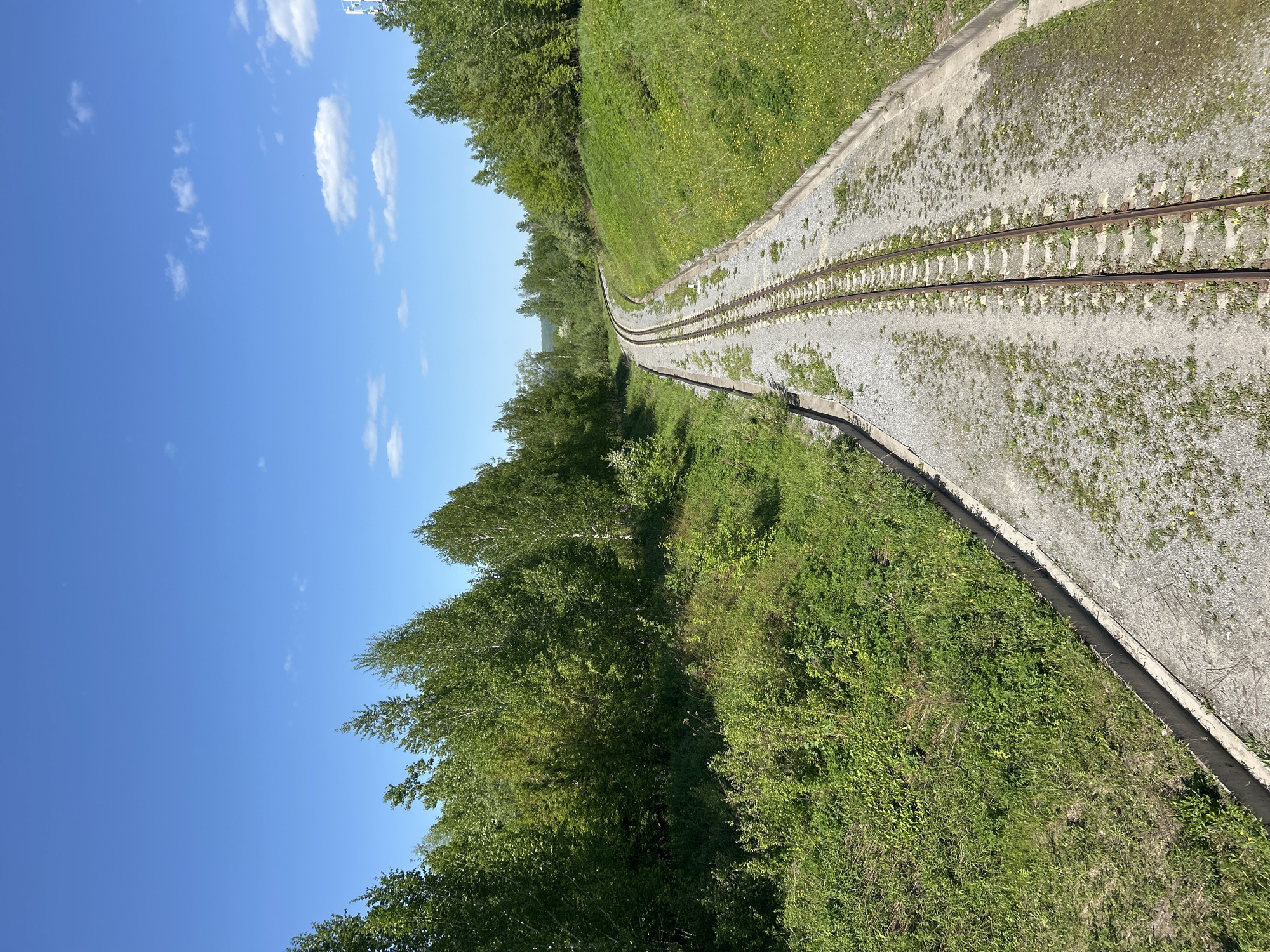 The image shows a railroad track curving through a green, grassy landscape under a blue sky with scattered white clouds. The track is laid on a bed of gravel, with concrete or stone borders on either side. Vegetation, including trees and grass, lines both sides of the track. The location is unspecified, and no people or actions are visible.