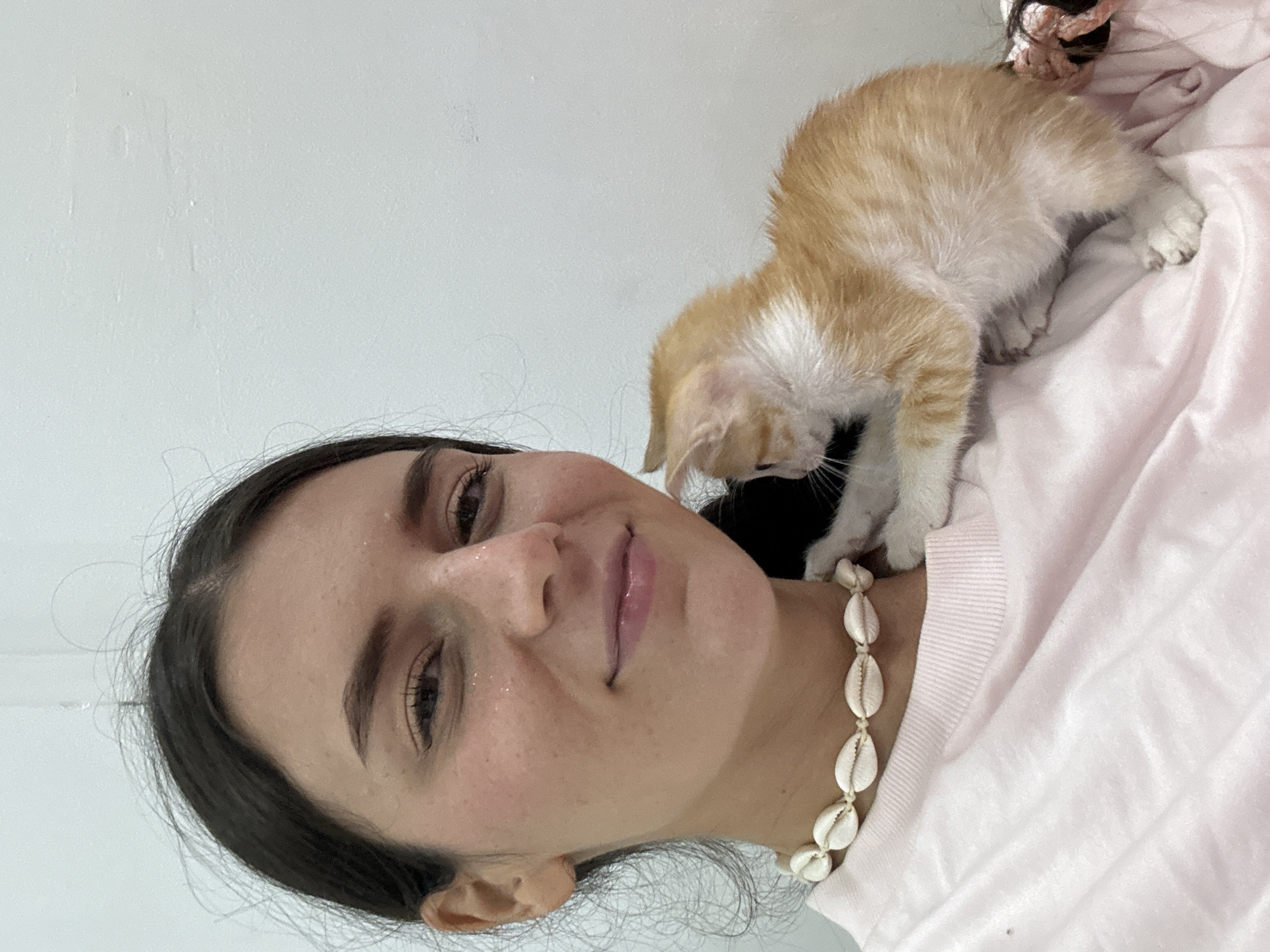 An indoor close-up, portrait-style shot features a young woman with dark hair and a small orange and white kitten. The woman is positioned with her head slightly tilted, smiling or smirking subtly directly at the camera. Her face shows some sparkle or moisture, possibly glitter or sweat. She wears a cowrie shell necklace around her neck and a light pink top.
Perched on her shoulder and chest area is a small, ginger-and-white kitten, looking down towards her chest with its head slightly bowed. The kitten's fur appears soft and fluffy. The background is a plain, light-colored wall, providing a clean and simple setting that highlights the subjects.
The scene captures a tender and casual interaction between the woman and the kitten, conveying a sense of warmth and affection. The woman's expression suggests happiness or amusement, indicative of a pleasant moment. The lighting is bright and natural, consistent with an indoor daytime setting. While the specific location isn't visible in the image, the context provided states it is Mũi Né, Vietnam. There is no visible text in the image.