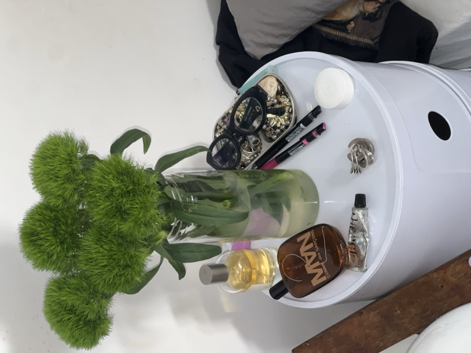 The image displays a white, two-tiered cylindrical nightstand located indoors, within a residence in Tel-Aviv, Israel. The background is a plain white wall.
On the top surface of the nightstand, a clear glass cylindrical vase contains approximately five stems of vibrant green, spherical "Green Trick" Dianthus flowers submerged in water. To the left of the vase, a clear glass perfume bottle with a silver cap, holding yellowish liquid, is visible. Adjacent to it, a brown-amber glass bottle with "2 MVN COMME des GARÇONS" printed on its label rests.
To the right of the vase, a small, silver-colored fluted metal tray holds various pieces of jewelry, including multiple rings and smaller metallic items. A pair of black-framed round eyeglasses is positioned on top of this jewelry collection. Next to the tray are two marker-style pens, one with a pink cap and the other black. Further right, a small, white, circular lidded jar, possibly a cosmetic container, is present.
Near the front edge of the nightstand, a silver-colored, partially squeezed tube, appearing to contain an ointment or cream, lies horizontally. Adjacent to the tube is a silver-colored, multi-banded ring. A segment of a dark brown, textured wooden object is partially visible along the left edge of the frame, positioned vertically next to the nightstand. To the right of the nightstand, a grey pillow and dark fabric are partially visible, indicating the presence of a bed.