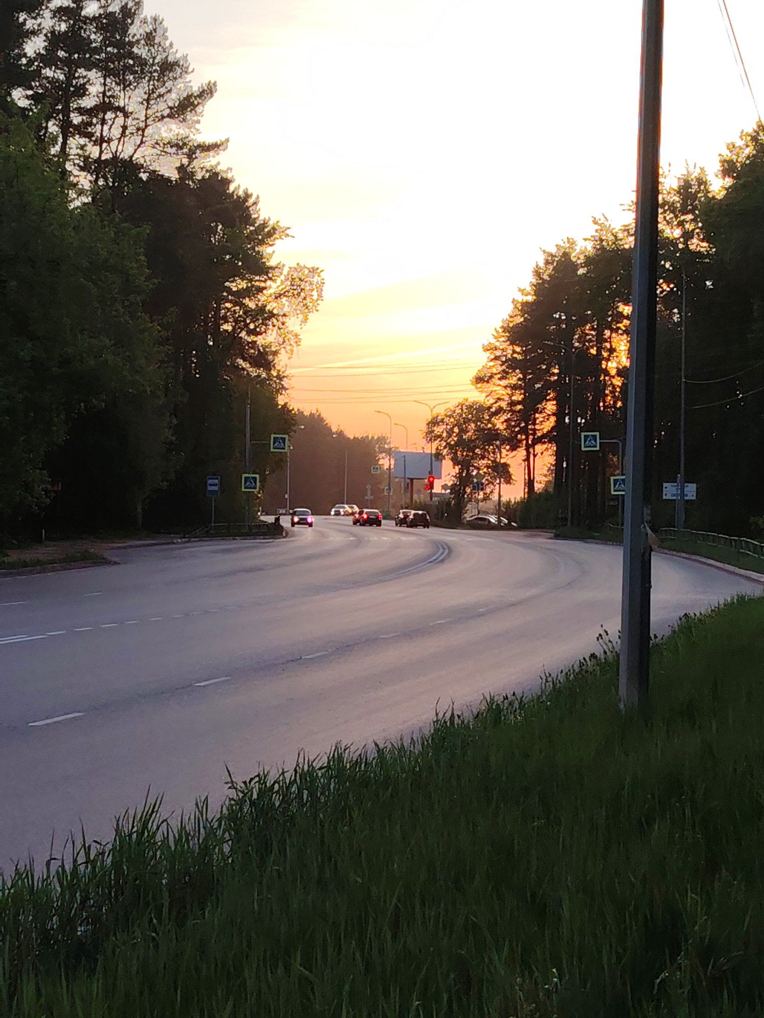 The image depicts a curved road in Chaikovsky, Russia, at sunset. The road is lined with trees and grass. Several cars are visible in the distance. There is a traffic light. There are road signs indicating a pedestrian crossing. A streetlight stands prominently on the right side of the road.