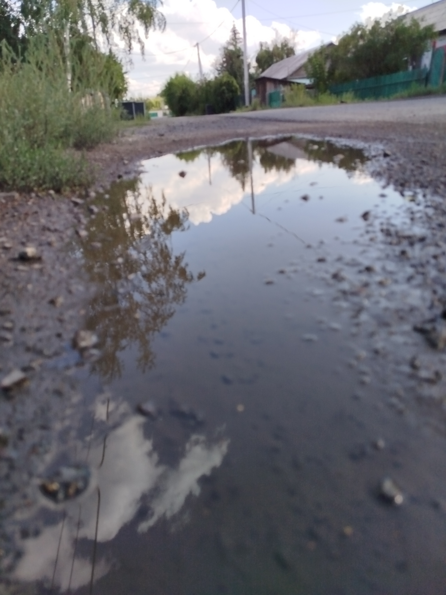 The image depicts a low-angle view of a muddy road with a puddle reflecting the sky and surrounding trees. In the background, houses and a green fence are visible. The scene appears to be an outdoor environment, likely a residential area, with elements of nature and human infrastructure. The image does not provide specific details that would indicate the location within the city of Qarağandı city administration, Kazakhstan.