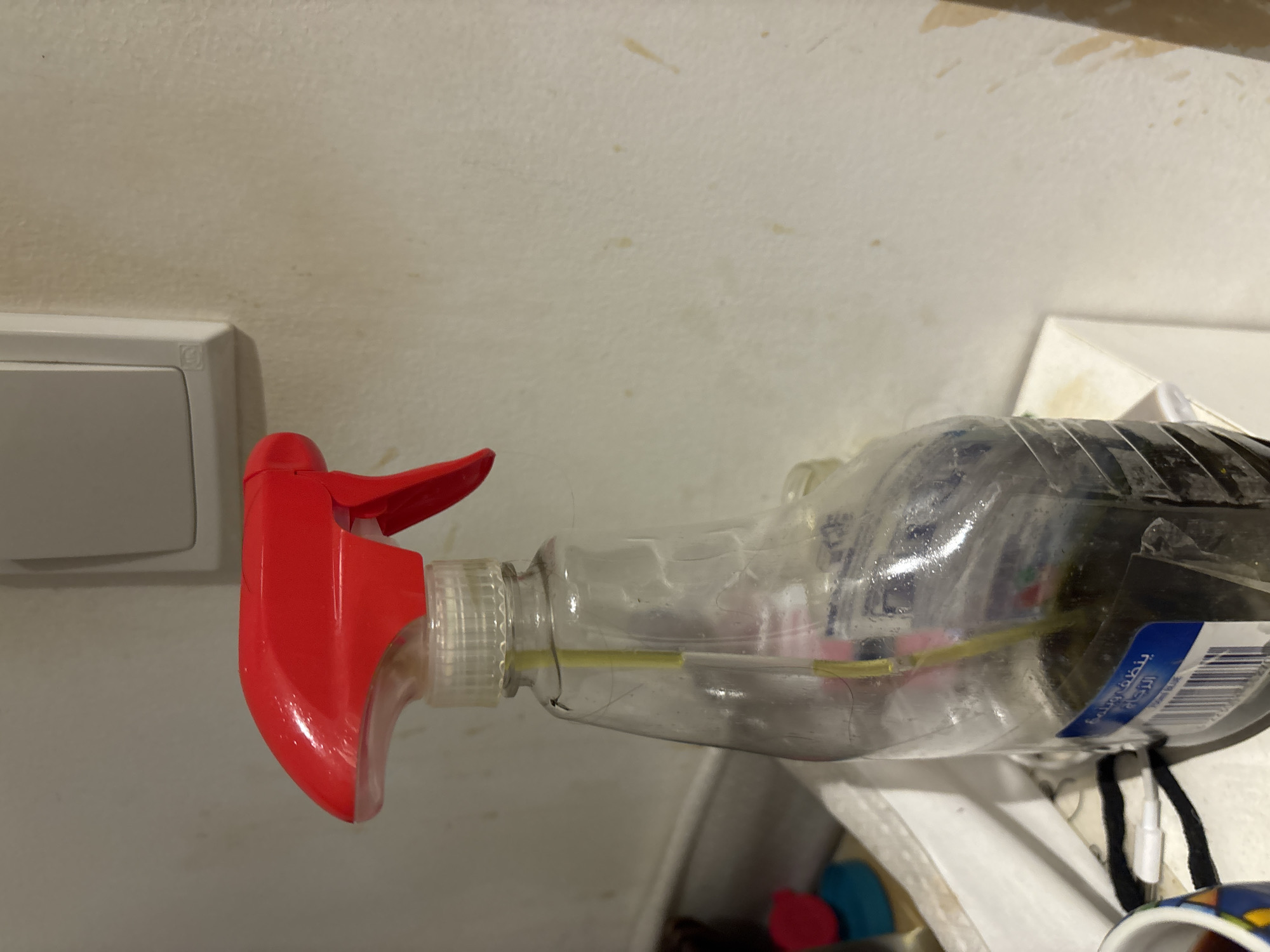 The image shows a close-up view of a partially filled plastic spray bottle with a red trigger mechanism, resting on a white surface next to a wall. The bottle contains a dark liquid and has a yellow tube extending from the sprayer into the liquid. The wall behind the bottle is a light color and appears to have some staining or discoloration. A white light switch or outlet is visible on the upper left portion of the wall. The scene is indoors, likely in a domestic or commercial setting, given the presence of household cleaning supplies and the wall fixture. The lighting suggests an indoor environment. There are no people or animals visible in the image, and no specific identifying landmarks of Dubai or the United Arab Emirates are present.