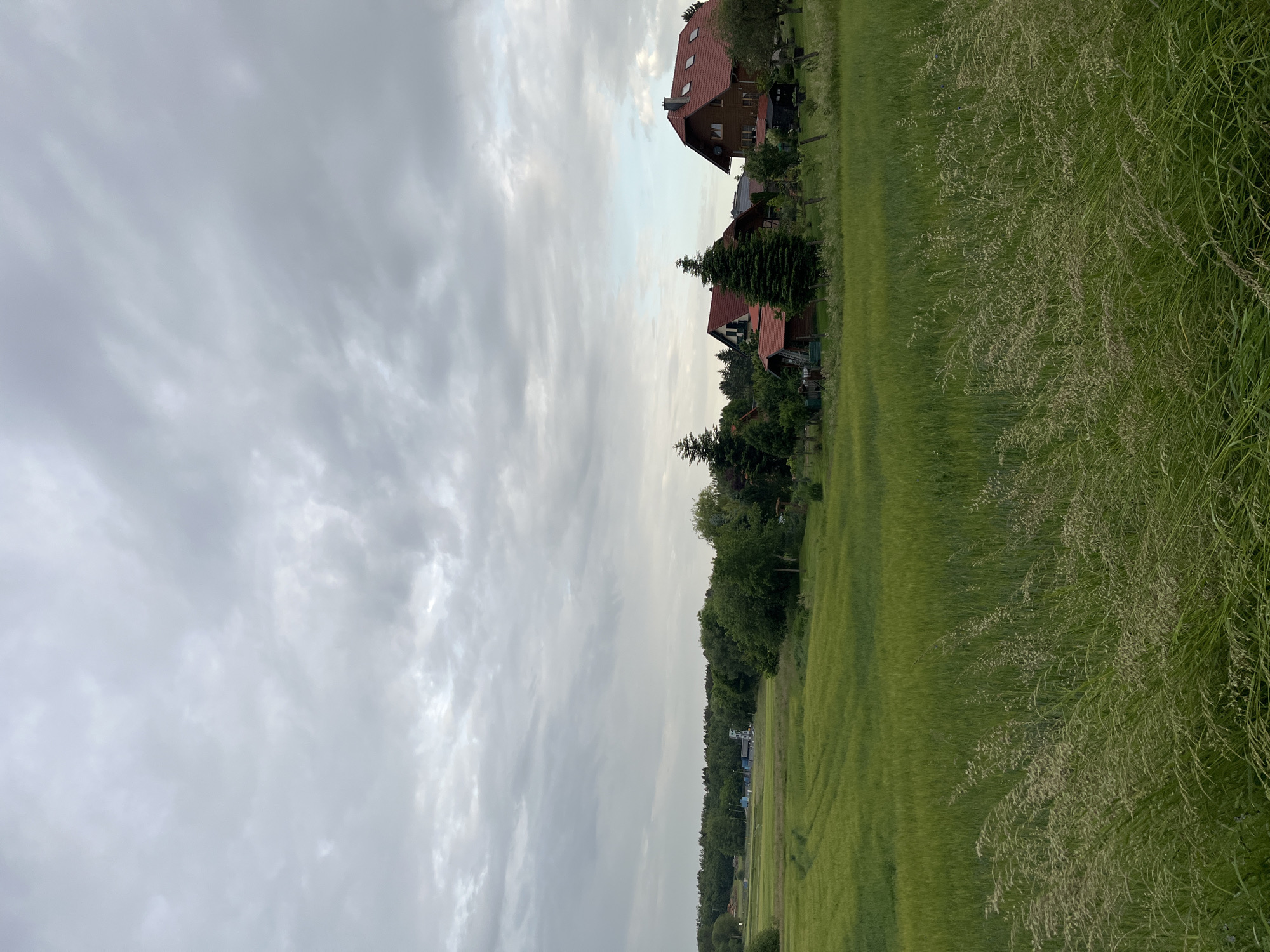 The image depicts a landscape in an unknown location. A field of green grass dominates the foreground and extends to the middle ground. There are houses with red roofs scattered along the edge of the field, bordering a line of trees and other greenery. The sky is overcast with heavy, gray clouds. No people are visible in the frame.