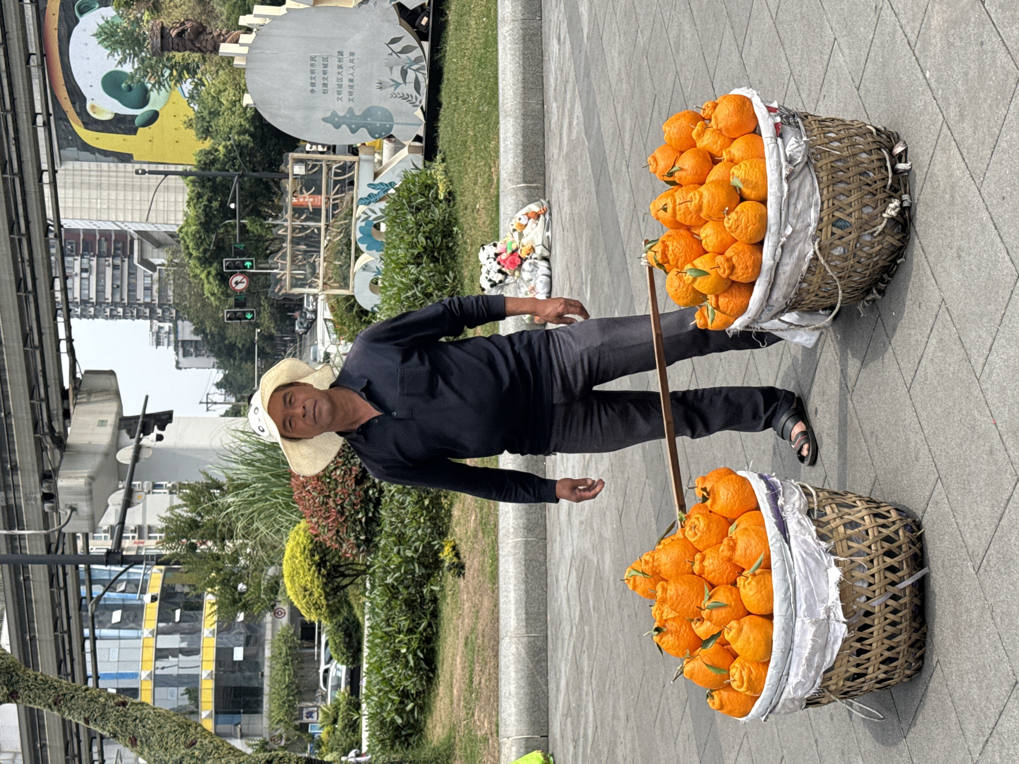 An Asian man, likely in his 50s, wearing a straw hat, a black long-sleeve shirt, and black pants, is carrying two large baskets filled with what appear to be oranges or tangerines. The baskets are made of woven material and lined with white cloth. He is positioned on a gray paved area, possibly a sidewalk, next to a landscaped area with green bushes. The man is looking slightly toward the camera.
In the background, urban elements are visible, including buildings, overhead train infrastructure, street lights, and what appears to be a mural or sign. The location appears to be Jiulongpo District, China, based on the language on the round sign behind the man, and overall appearance.