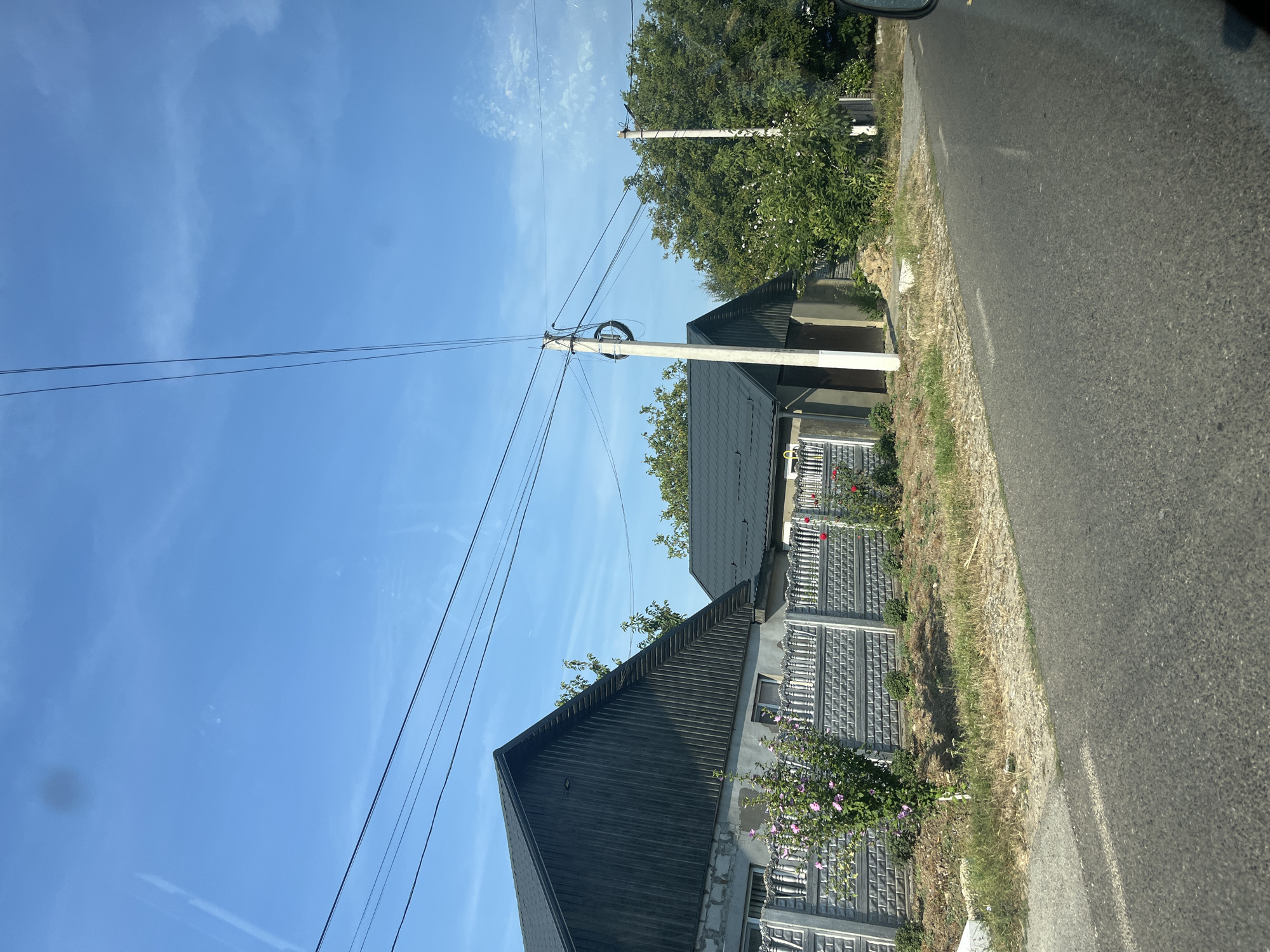 The image depicts a street scene in the village of Bărboieni, Moldova. On the left, a house with a dark, sloped roof and vertical wooden siding is visible, with a concrete fence in front of it. A flowering shrub with pink blossoms stands near the fence. To the right of this house, another building with a similar dark roof and a concrete utility pole with overhead wires is present. Dense green trees line the background. The road in the foreground is asphalted and appears to be in good condition, with a white line marking the lane. The sky is a clear blue with some wispy white clouds. No people or animals are visible in the frame. The scene appears to be set during daylight.