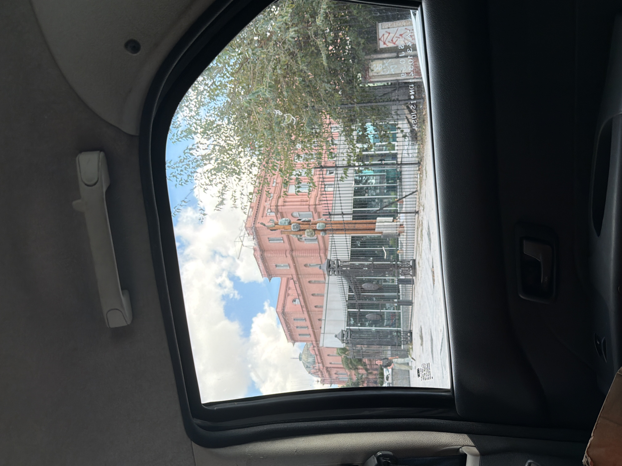 The photo shows the Casa Rosada, the executive office of the President of Argentina, through the open sunroof of a car. The view includes a wrought iron fence, trees, and a reflection on the car window. A person is visible through the window. The interior of the car is visible, including a handle and part of the dashboard. The location is in Buenos Aires, Argentina, across from the Casa Rosada.