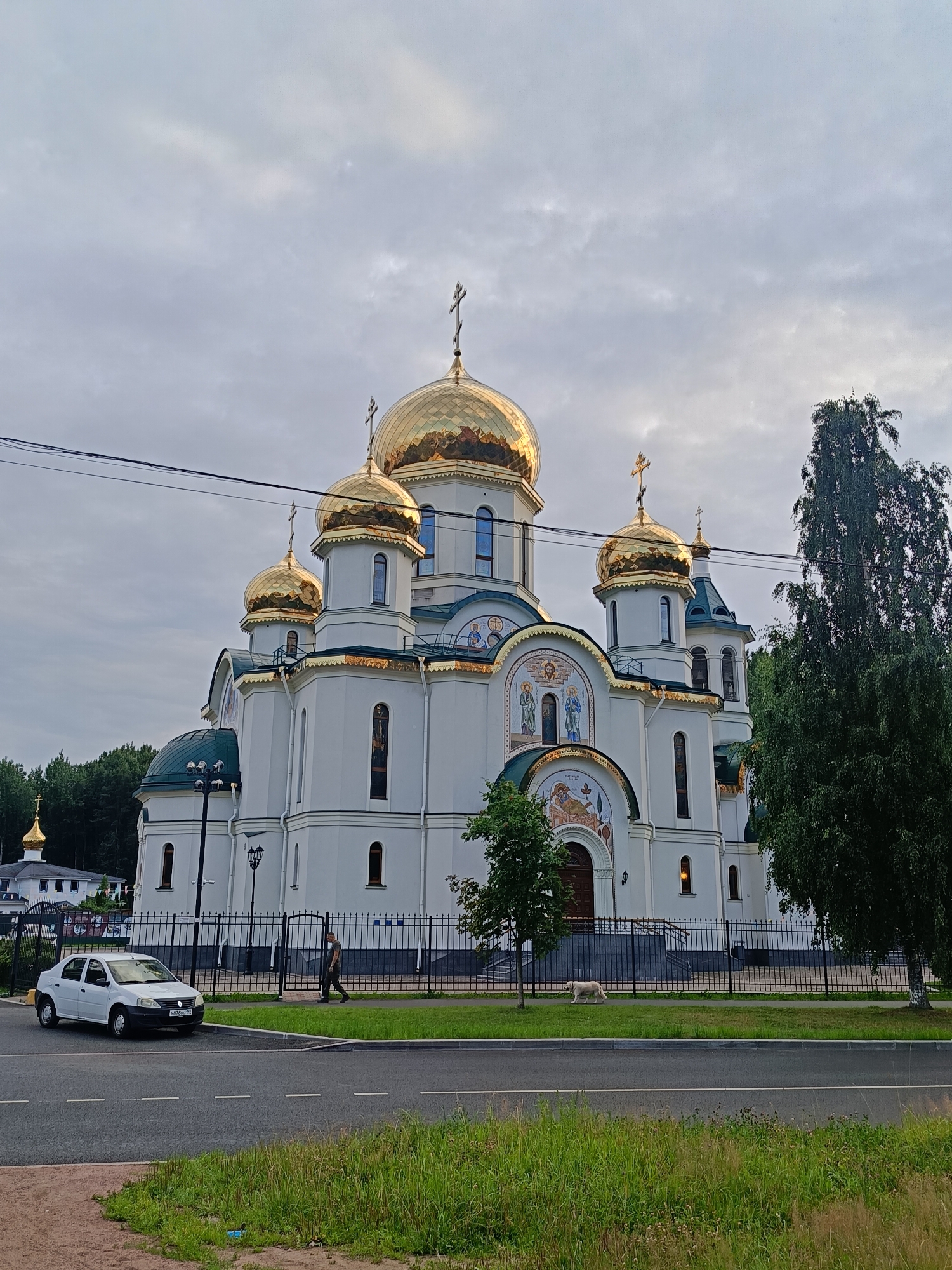 The image shows the Church of the Resurrection of Christ in Saint Petersburg, Russia, on a cloudy day. The white church has multiple golden domes, each topped with a cross. The church is surrounded by a black metal fence, and behind it, there are trees. In front of the church, a white car is parked on the side of the road. A person is walking on the sidewalk near the fence, and a light-colored dog is walking on the grass behind the fence. The road in the foreground is paved with asphalt and has white dashed lines. The sky is overcast with gray clouds.