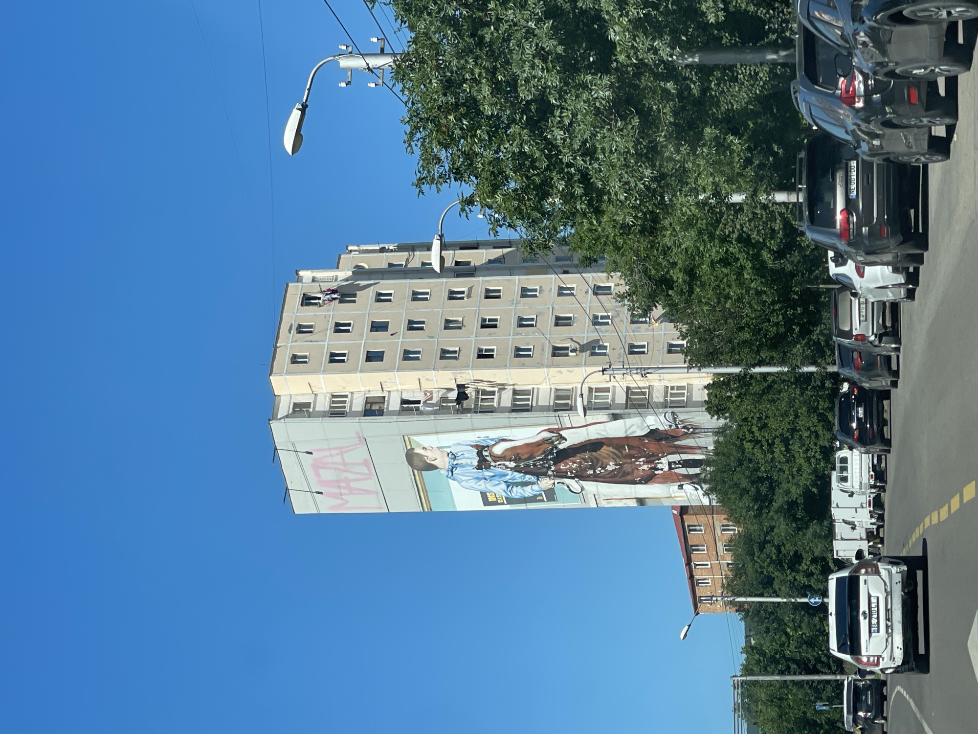The image depicts a street scene in Tbilisi, Georgia, on a clear, sunny day. In the background, a tall, light-colored apartment building dominates the skyline, adorned with a large mural of a young man in a blue jacket riding a brown horse. The mural is framed by a light blue rectangular border, and pink graffiti, reading "MAZA," is visible at the top of the building. Several windows of the apartment building have laundry hanging out to dry. A street light with a curved arm stands to the right of the building. In the foreground, a multi-lane road is visible, with several cars parked and driving. White vans are lined up on the side of the road. Green trees line the street, partially obscuring the lower floors of buildings. The sky is a clear, vibrant blue.