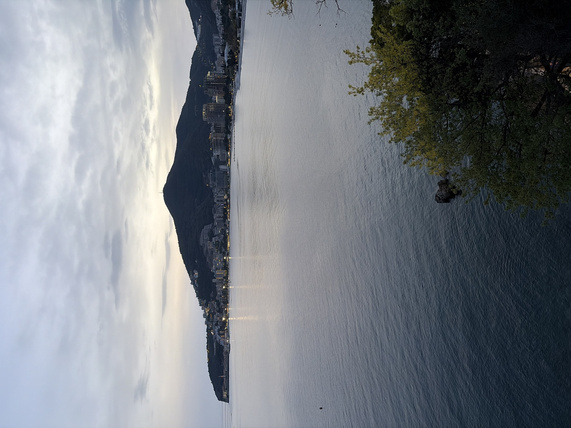 This image depicts a view of the Budva Riviera in Montenegro. The image is taken from a high vantage point, overlooking the Adriatic Sea. Along the coastline, a dense cluster of buildings and infrastructure stretches along the base of a dark, mountainous terrain. Lights glimmer from the structures, suggesting evening or dawn. The sky is overcast. To the right, a leafy tree overhangs the scene.