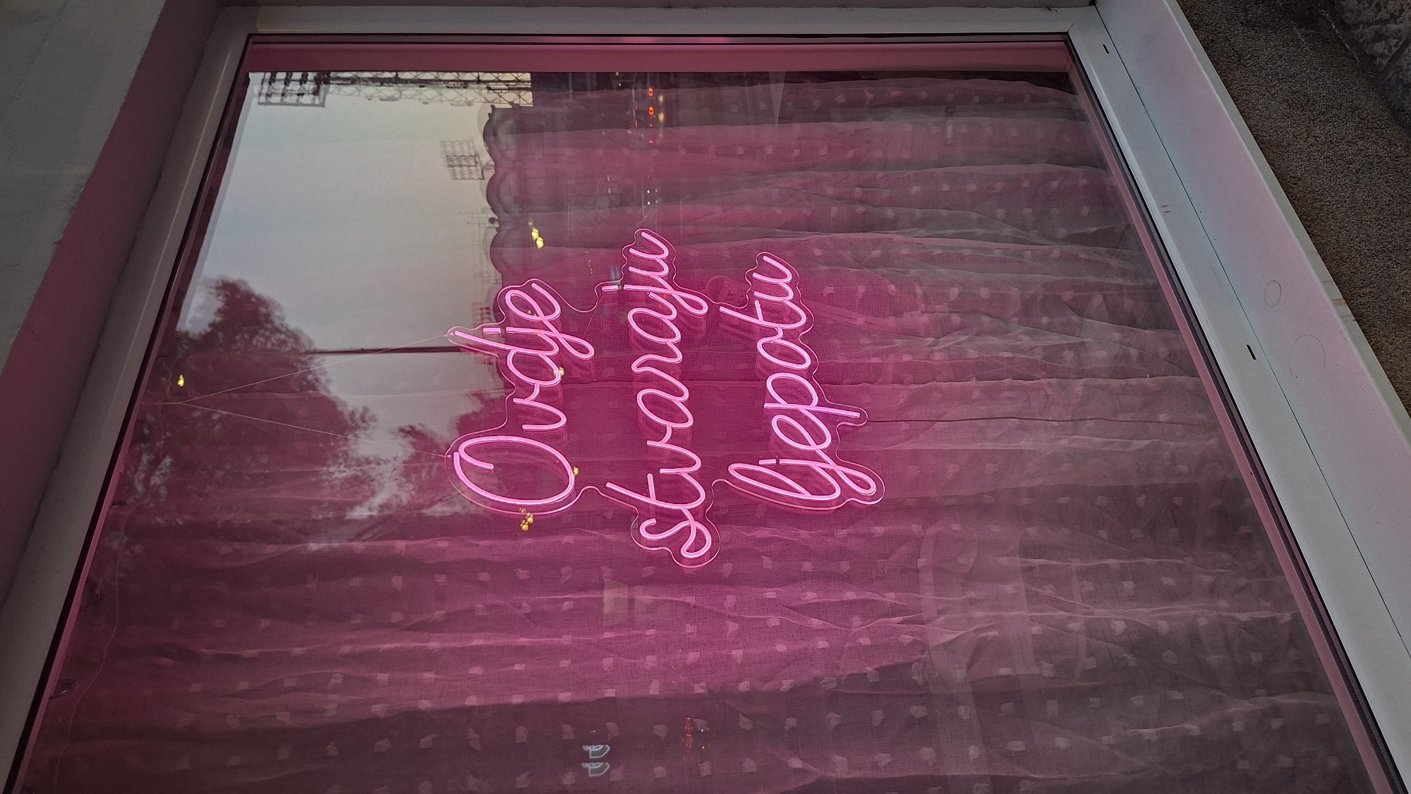 The image shows a pink neon sign on a window in Podgorica, Montenegro. The sign displays text in a cursive font and reads "Ovdje stvaraju ljepotu", which translates to "Here they create beauty". The neon sign is illuminated and hangs behind a sheer pink curtain that covers the window. Reflections of streetlights and what appear to be buildings can be seen in the glass. The window is framed by a white window sill and a pink border. The overall setting suggests a commercial establishment, possibly a beauty salon or a similar business.