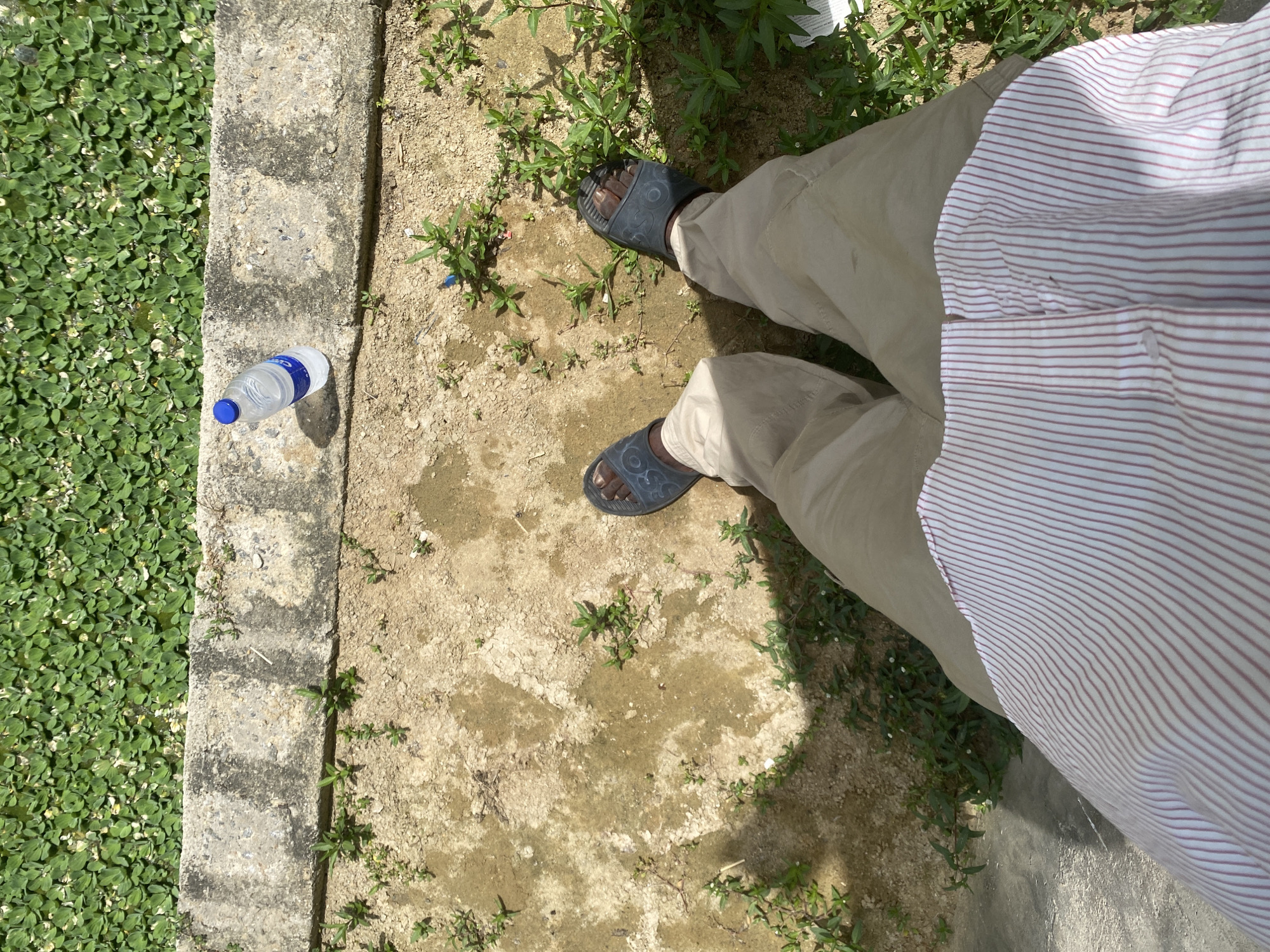 The scene depicts a person standing on a patch of dry, cracked earth with sparse vegetation, possibly in Lagos, Nigeria, although there is no concrete evidence within the image to confirm the location. The person is wearing beige trousers, black sandals, and a red and white striped shirt. A plastic water bottle lies on a concrete ledge alongside the vegetation. The image is taken from a high angle, showing a direct view of the ground and the individual's lower body.