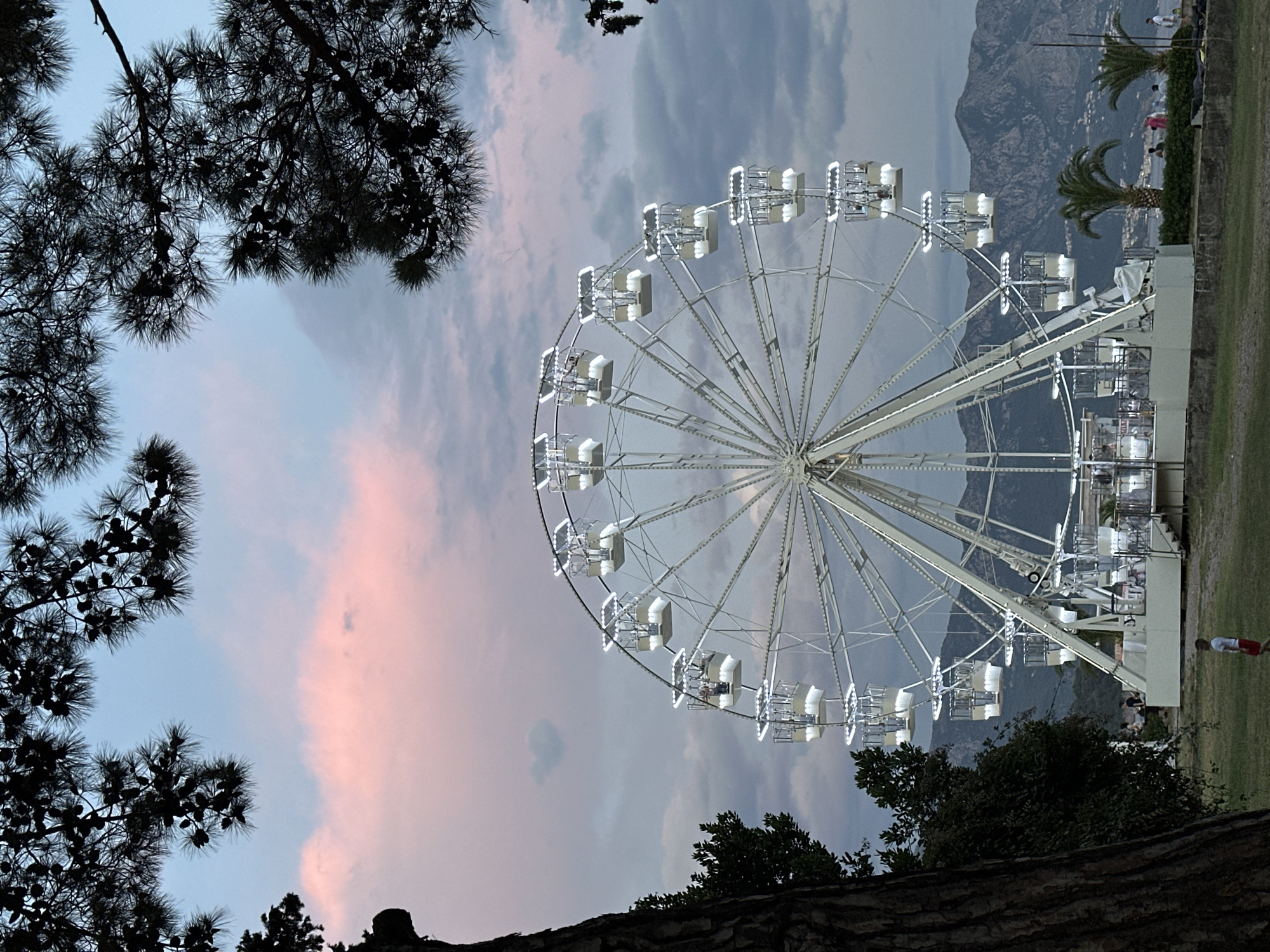 A Ferris wheel with illuminated cabins is prominently featured in the center of the frame, against a backdrop of dusky skies with scattered pink clouds. Silhouetted pine trees frame the top and left side of the image. In the background, mountains rise above a coastal town. The Ferris wheel is situated in an open grassy area, with a few palm trees and a low wall visible to the right. Several people are casually scattered around the base of the Ferris wheel and in the background near the coast. A young boy in a red shirt and red shorts stands in the grass in the foreground. The overall atmosphere suggests an evening at an amusement park or waterfront attraction in Budva, Montenegro.